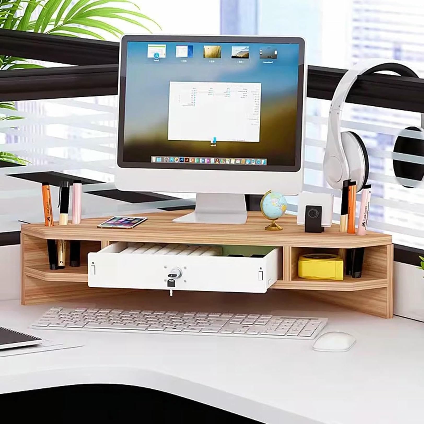 Soporte de esquina para monitor con cajón — Amarillo claro
