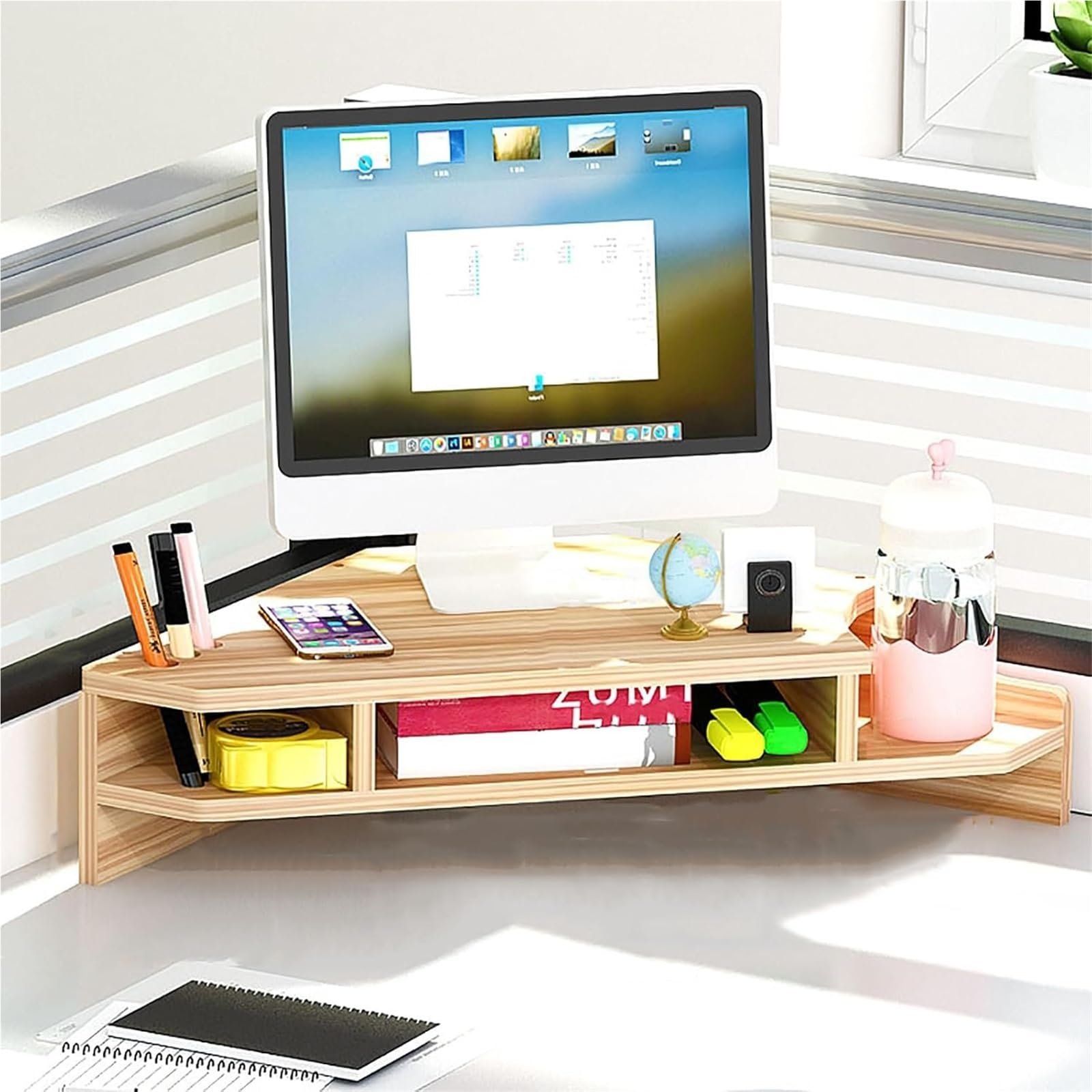 Soporte Esquinero de Madera para Monitor con Almacenaje
