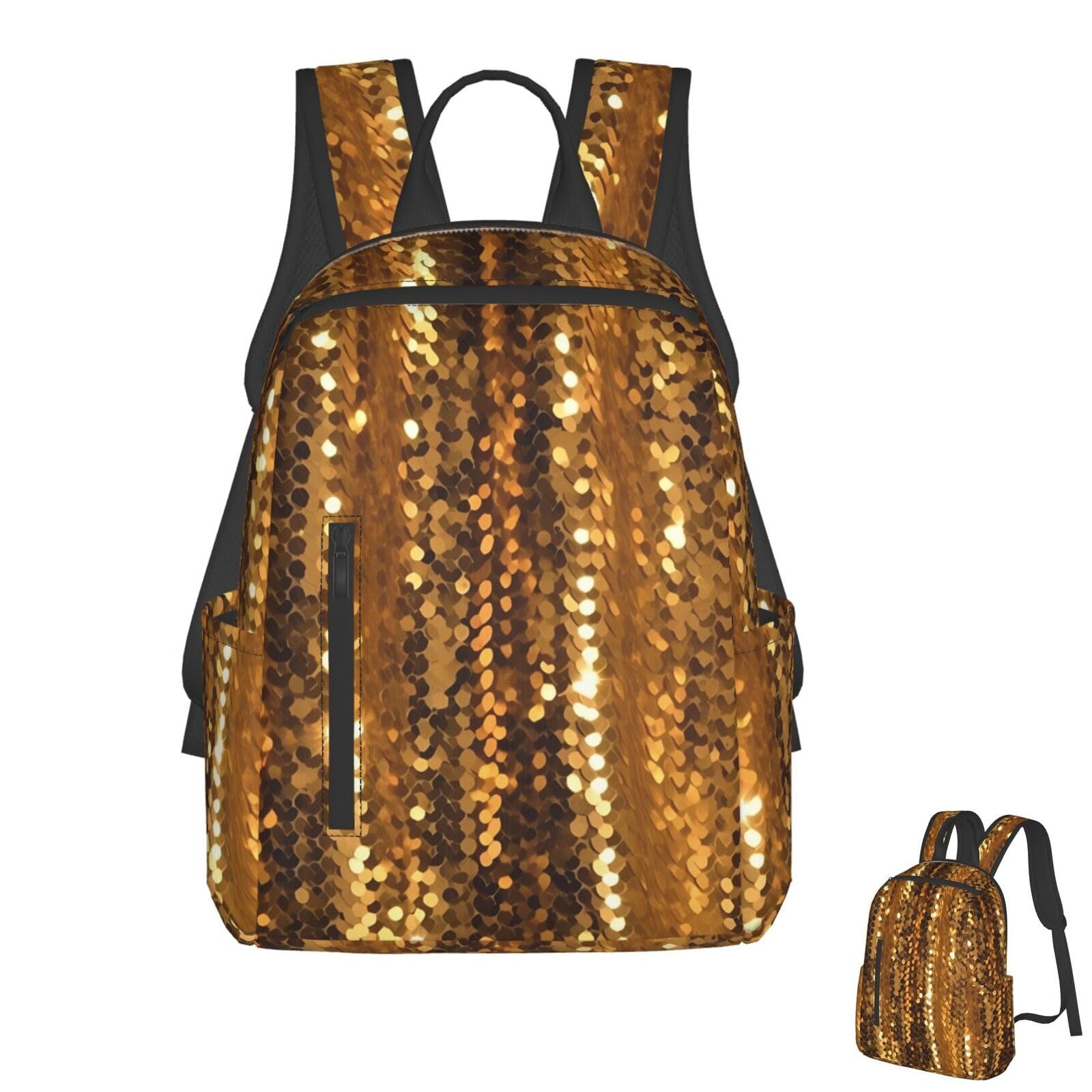 Mochila para portátil con lentejuelas doradas, negra
