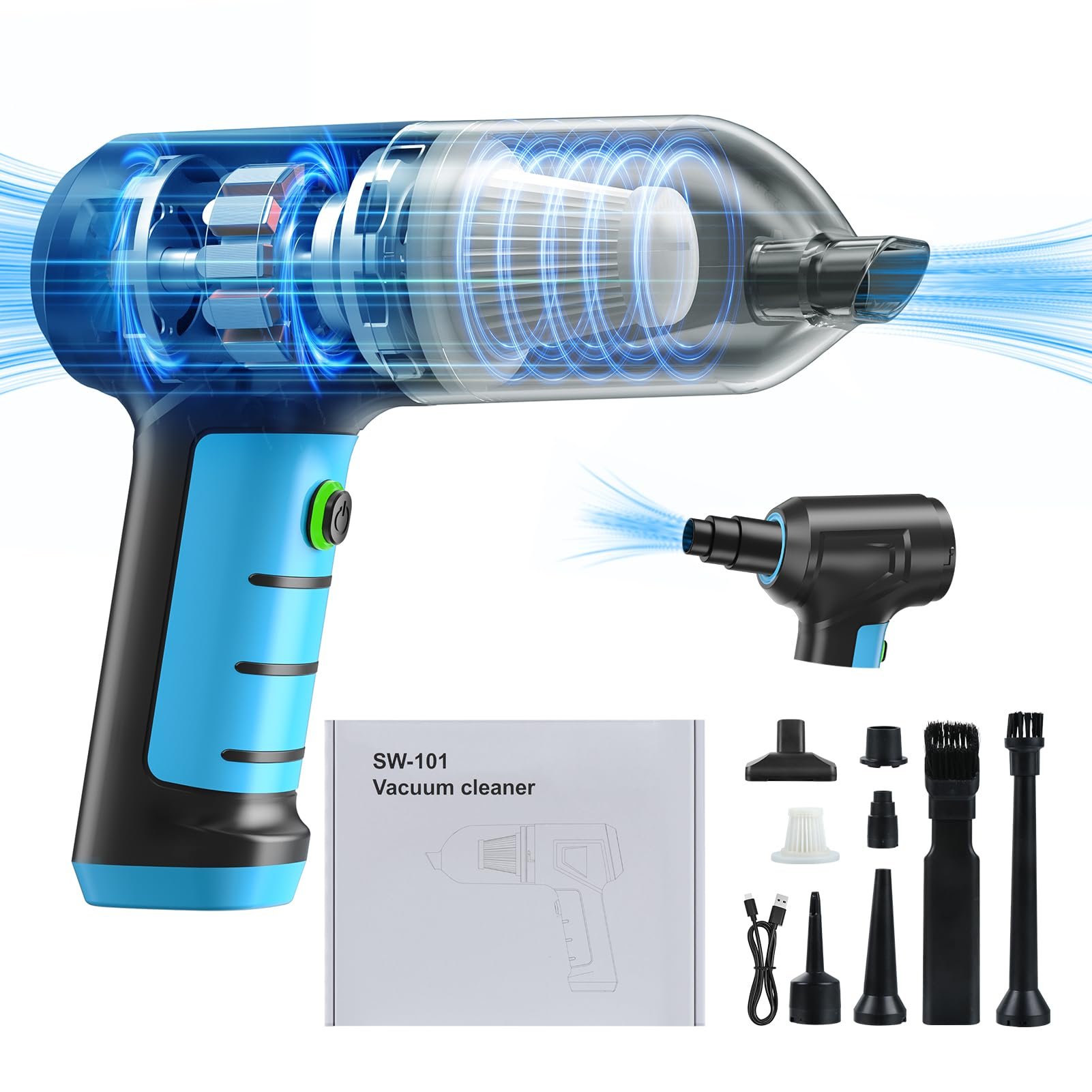 Aspiradora de mano portátil 3 en 1 sin cable Tohomes, soplado y succión de 16000PA, aspiradora de coche de alta potencia de 120 W con motor sin escobillas y multi-boquillas para hogar, oficina, pelo de mascotas
