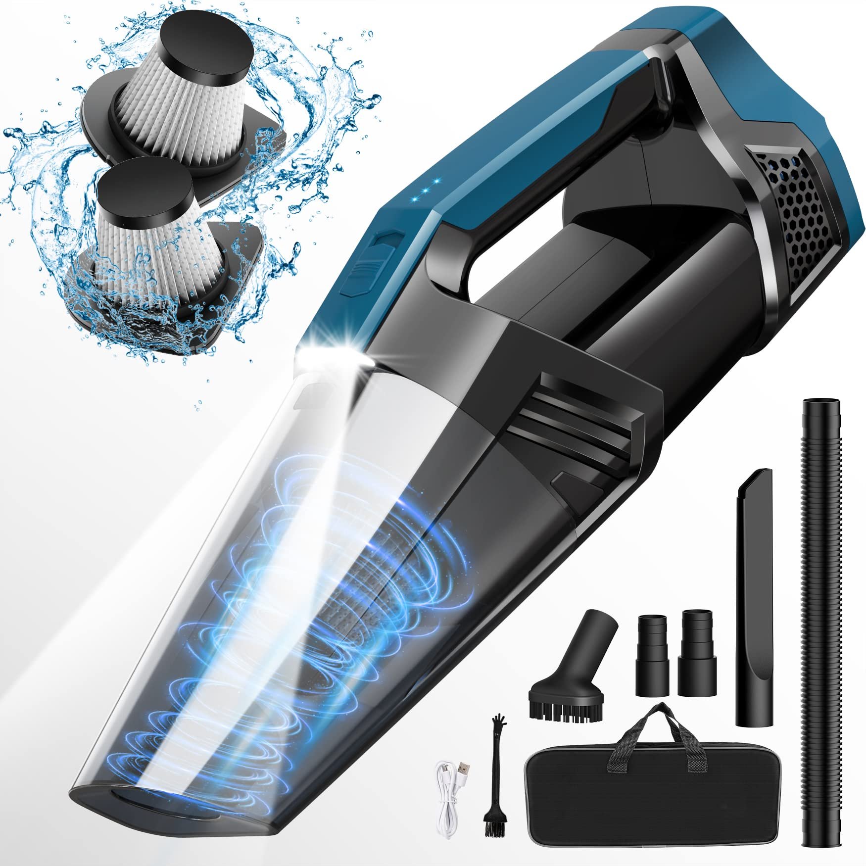 Aspiradora de Coche Inalámbrica Ligera de Alta Potencia con Luz LED, Aspiradora de Mano para Coche, Hogar, Oficina y Pelo de Mascotas, Negro y Azul