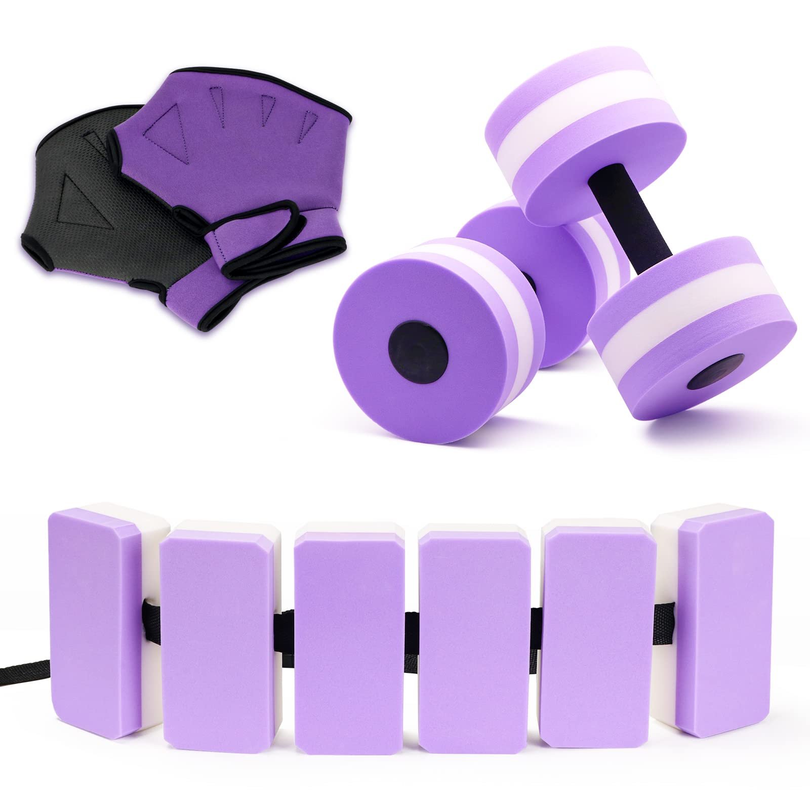Set de Mancuernas de Agua UNAOIWN para Ejercicios de Aeróbicos Acuáticos, Equipo de Pesas de Agua, Ayuda de Entrenamiento para Fitness Acuático, Herramienta de Fitness para Entrenamiento en Agua (versión con guantes de natación-Morado)