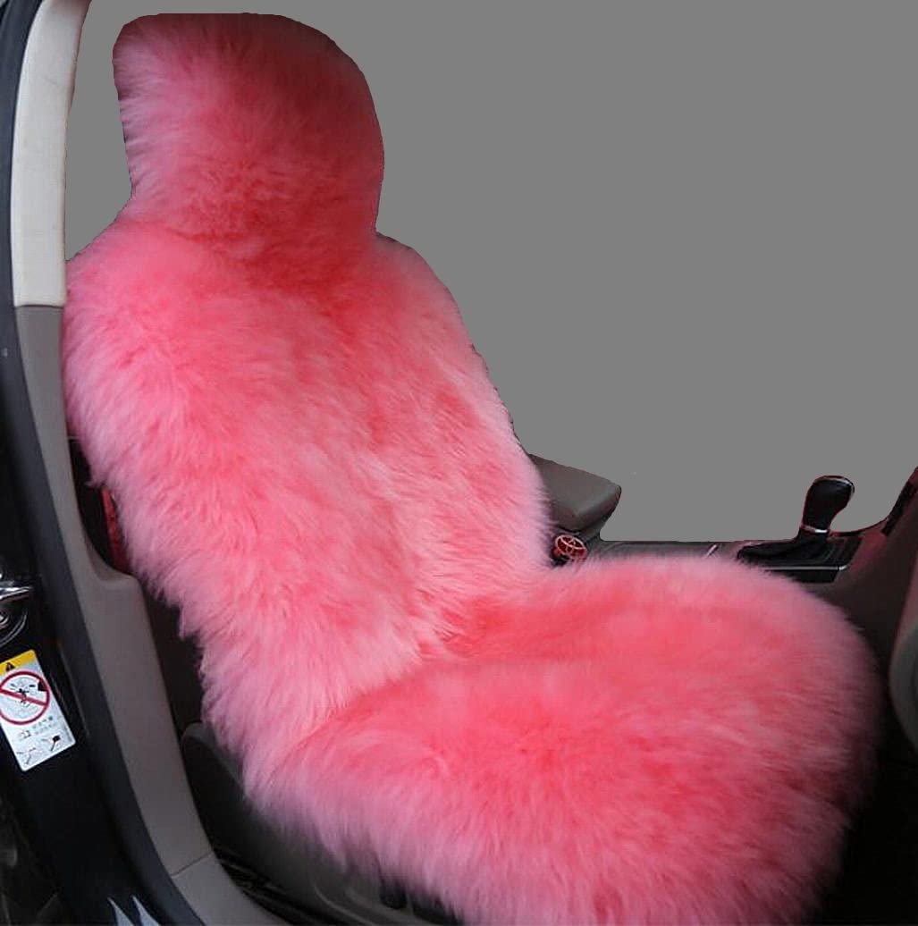 Cubierta de asiento para automóvil de piel de oveja auténtica de invierno Sisha-A de lujo con lana larga, se adapta a la mayoría de los automóviles, camiones, SUV o vans (Rosado)