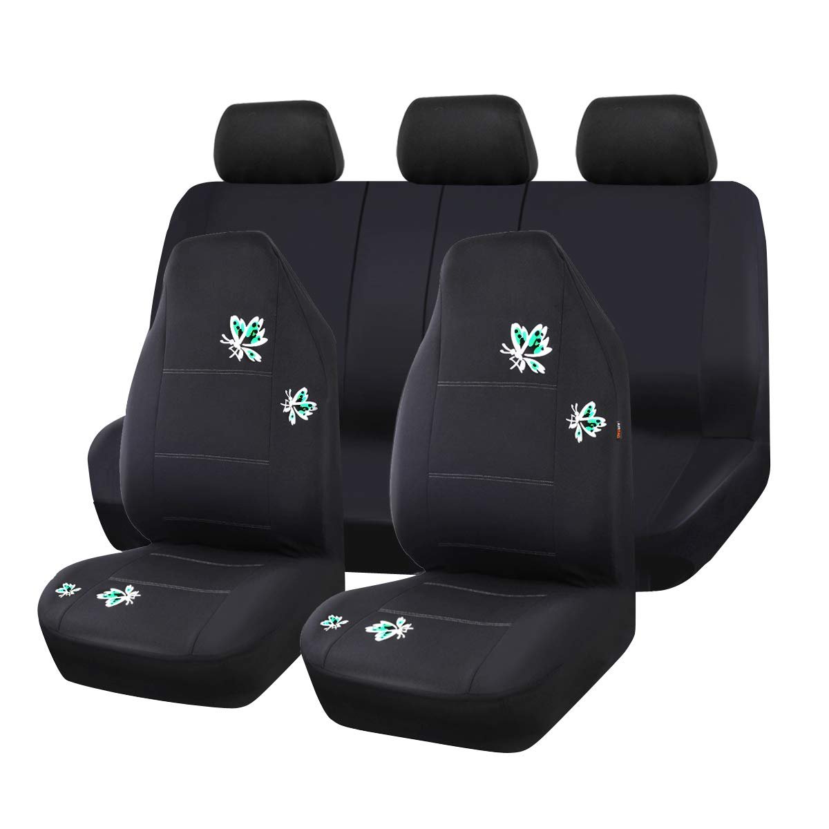 Fundas de Asiento de Coche CAR-GRAND Pretty Butterfly de Ajuste Universal, Juego Completo de Alta Resistencia, Compatible con Airbag, Diseño con Cremallera, Apto para SUVs, Sedanes, Vans, Automóviles (Negro con Menta)