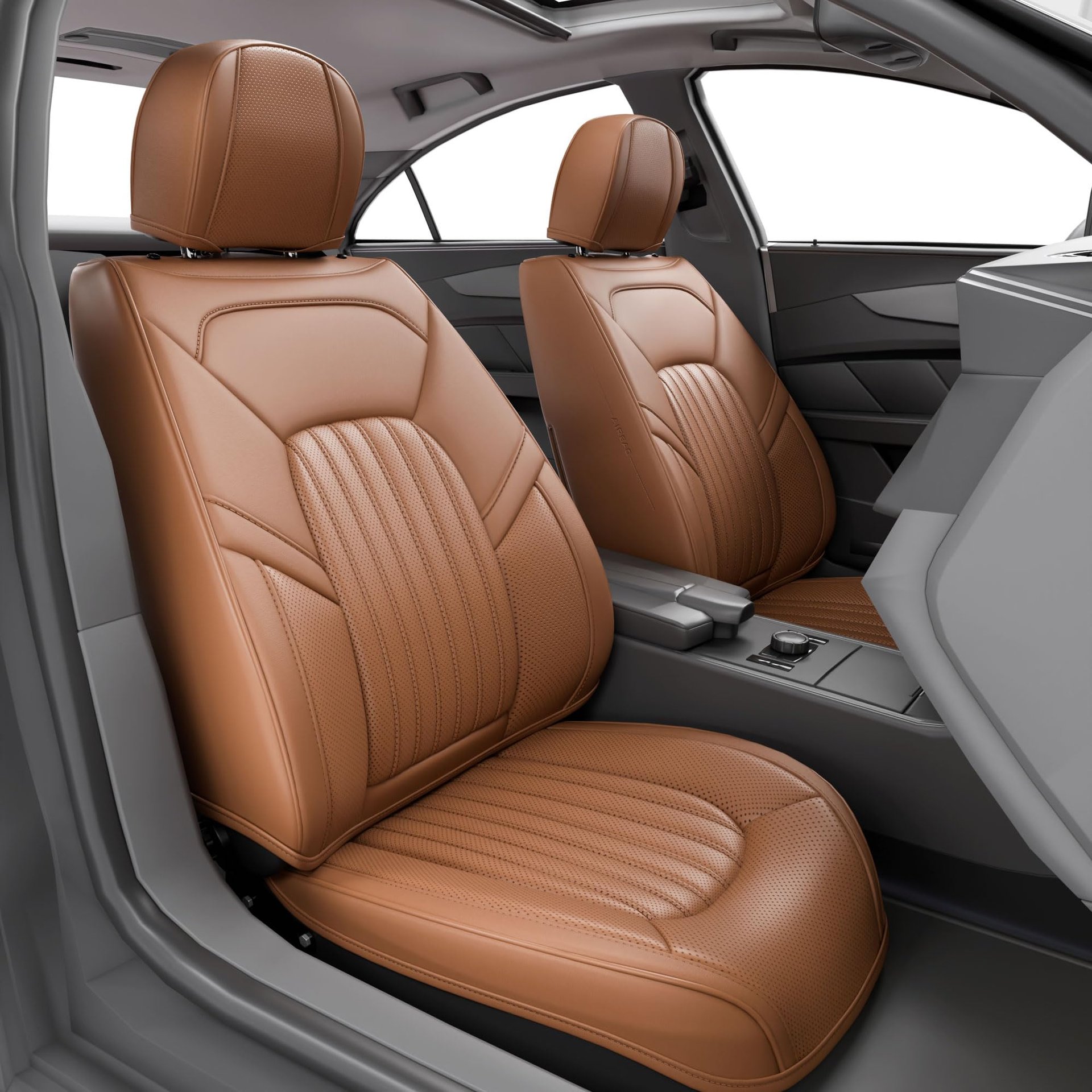 FEELON 2 Piezas ZC Fundas de Asiento Delantero para Coche, Fundas de Asiento de Cuero Nappa Impermeable para Asientos Delanteros de Coche, Ajuste Universal para Sedanes SUV Camionetas, Color Café