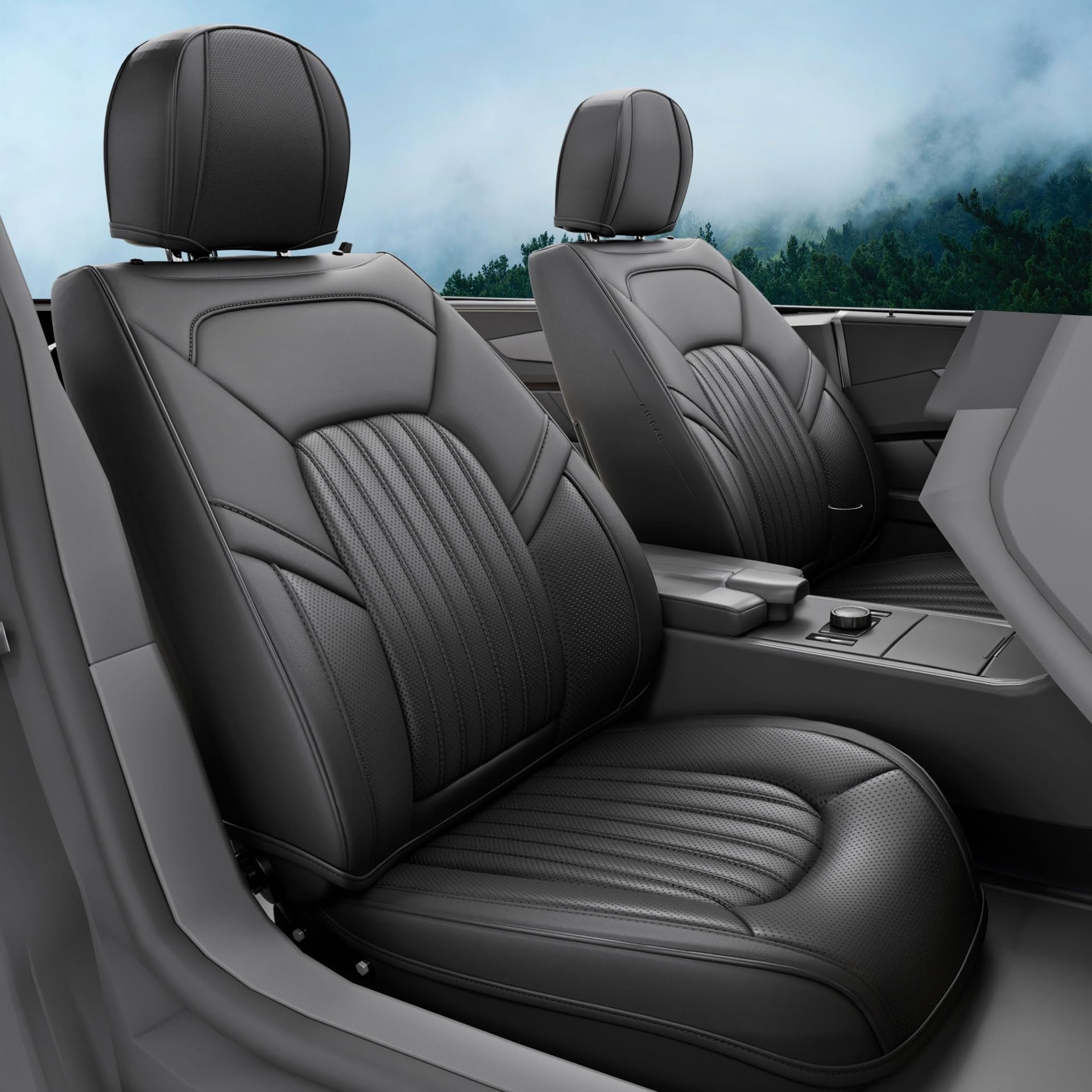 FEELON 5 Piezas ZC Fundas de Asiento Delanteras y Traseras para Automóvil, Protector de Asiento de Piel Nappa Resistente al Agua, Juego Completo Universal para el Interior de Sedanes, SUV y Camionetas, Negro
