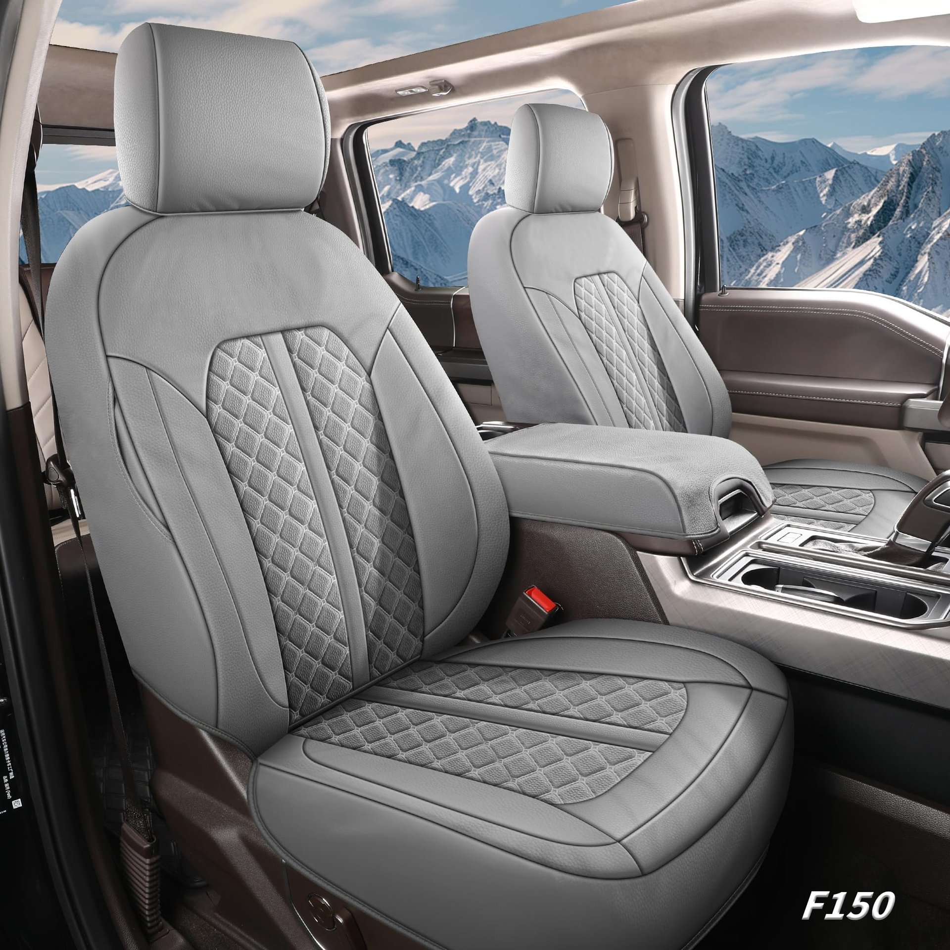 Tecoom Fundas de Asiento Delanteras para F150, Fundas de Asiento de Cuero Impermeables Cojín Protector de Camión Accesorios Personalizados para Ford F150 Super Crew 2015-2024 y F250 F350 F450 Super Duty Crew Cab 2017-2024, Gris