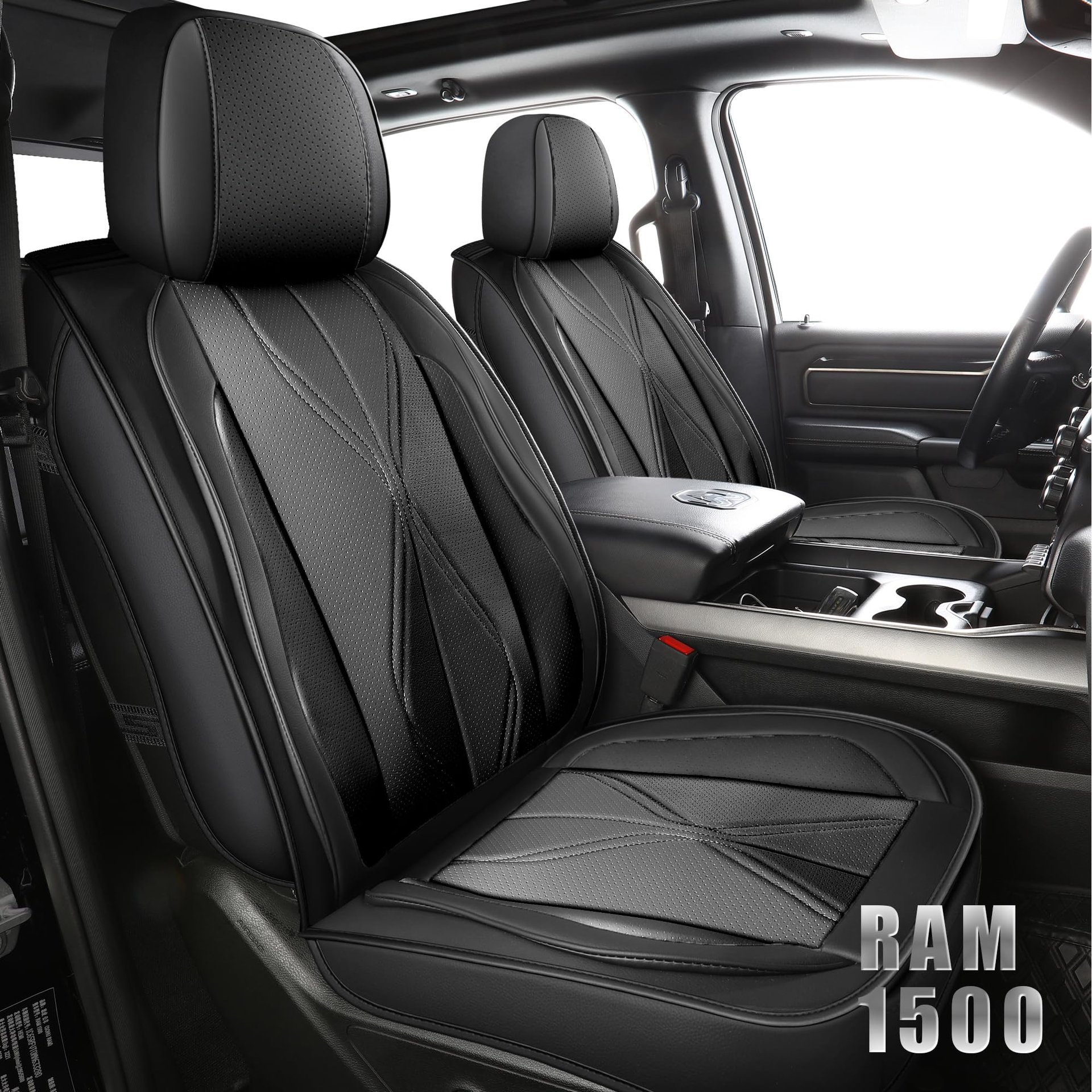 Fundas de Asiento de Piel Sintética Impermeables LINGVIDO Compatible con Dodge Ram 1500 2500 3500 2009-2024 Protector de Cojín de Asiento para Camioneta Pickup Crew Quad Cab con Banqueta Dividida 40/60 (Negro, Juego Completo Respaldo Plano)