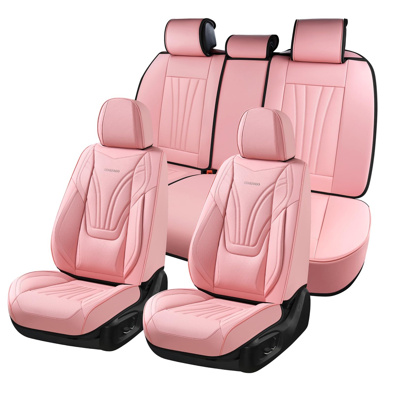 Juego Completo de Fundas para Asientos de Coche Coverado, 5 Piezas Protector de Asiento de Coche con Soporte Lumbar y Reposacabezas Desmontable, Cojín de Asiento Delantero Trasero de Piel Transpirable Ajuste Universal para Camión Automotriz Rosa