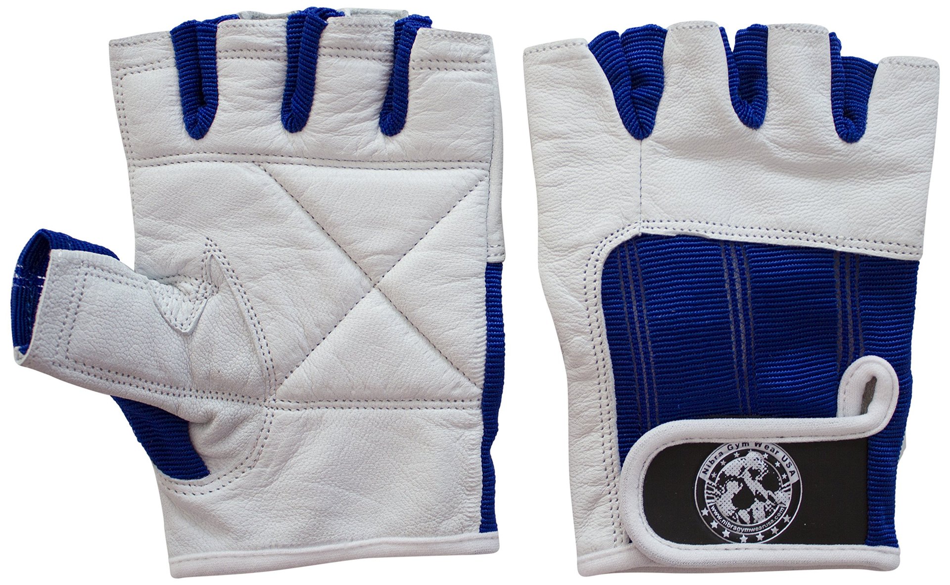Guantes de Gimnasio Nibra Wear USA Blancos/Azules con Cierre de Muñeca para Hombre y Mujer, Acolchados para Ejercicios de Crossfit, Levantamiento de Pesas y Bicicleta (Talla S)