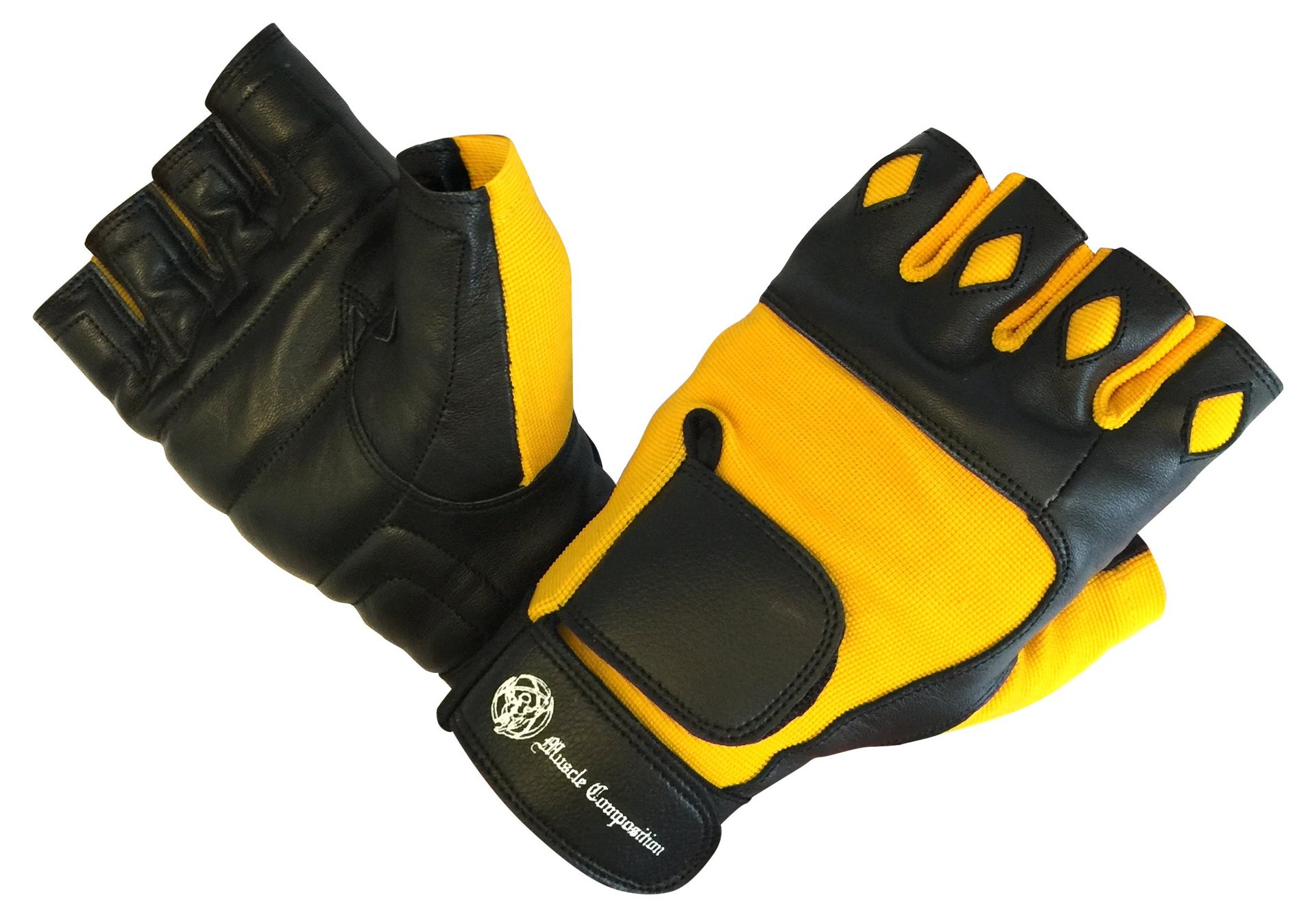 Guantes de Gimnasio Muscle Composition con Cierre de Muñeca para Hombres y Mujeres, Acolchados para Crossfit, Levantamiento de Pesas, Negro/Amarillo o Negro, Calidad Premium (XX-Small)