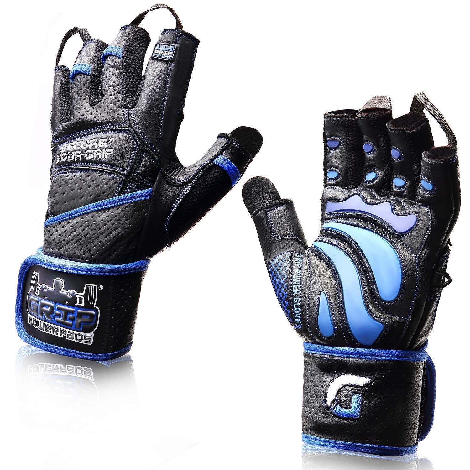 Guantes de Cuero de Élite para Gimnasio con Muñequeras Integradas de 2" de Ancho Mejor Diseño de Guante de Cuero para Levantamiento de Pesas, Culturismo y Entrenamiento de Fuerza (Azul, X-Small)