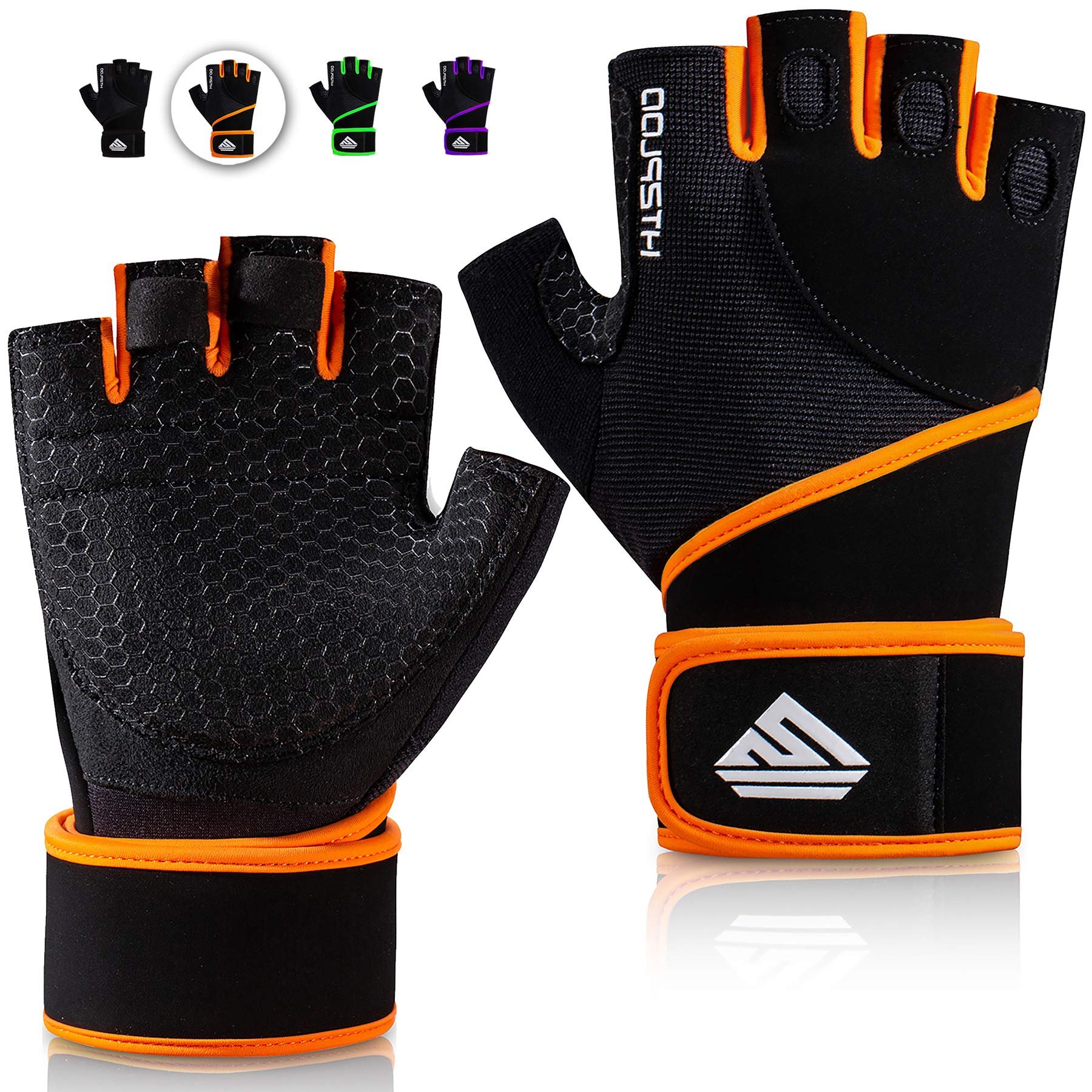 Guantes de Entrenamiento HTZPLOO Gym para Hombres Mujeres con Acolchado Completo en la Palma, Soporte de Muñequeras Fuertes, Agarre Mejorado, para Fitness, Entrenamiento, Levantamiento de Pesas, Ejercicio (Negro y Naranja, Extra Grande)