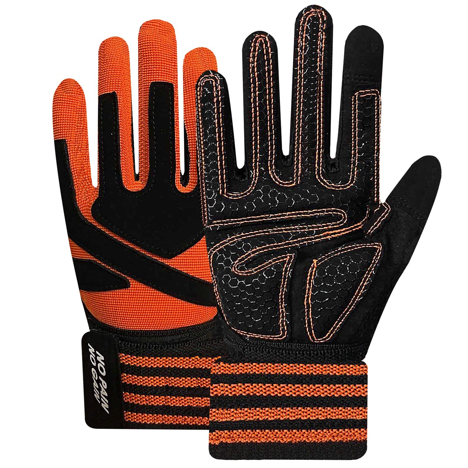 Guantes de levantamiento de pesas Full Finger TEN con soporte de muñeca, agarre acolchado para levantamiento de pesas, fitness de gimnasio, ejercicio, entrenamiento para hombres (Completo-Naranja, Mediano)