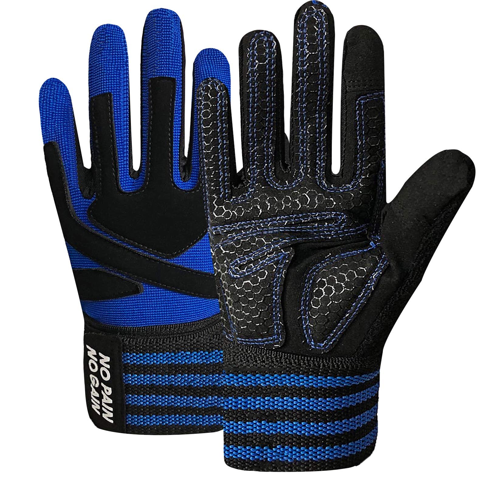 Guantes de Entrenamiento con Pesas de Dedo Largo con Soporte de Muñeca, Agarre Acolchado para Levantamiento de Pesas Gimnasio Fitness Ejercicio Entrenamiento Hombres Varones (Full-Blue, Pequeño)