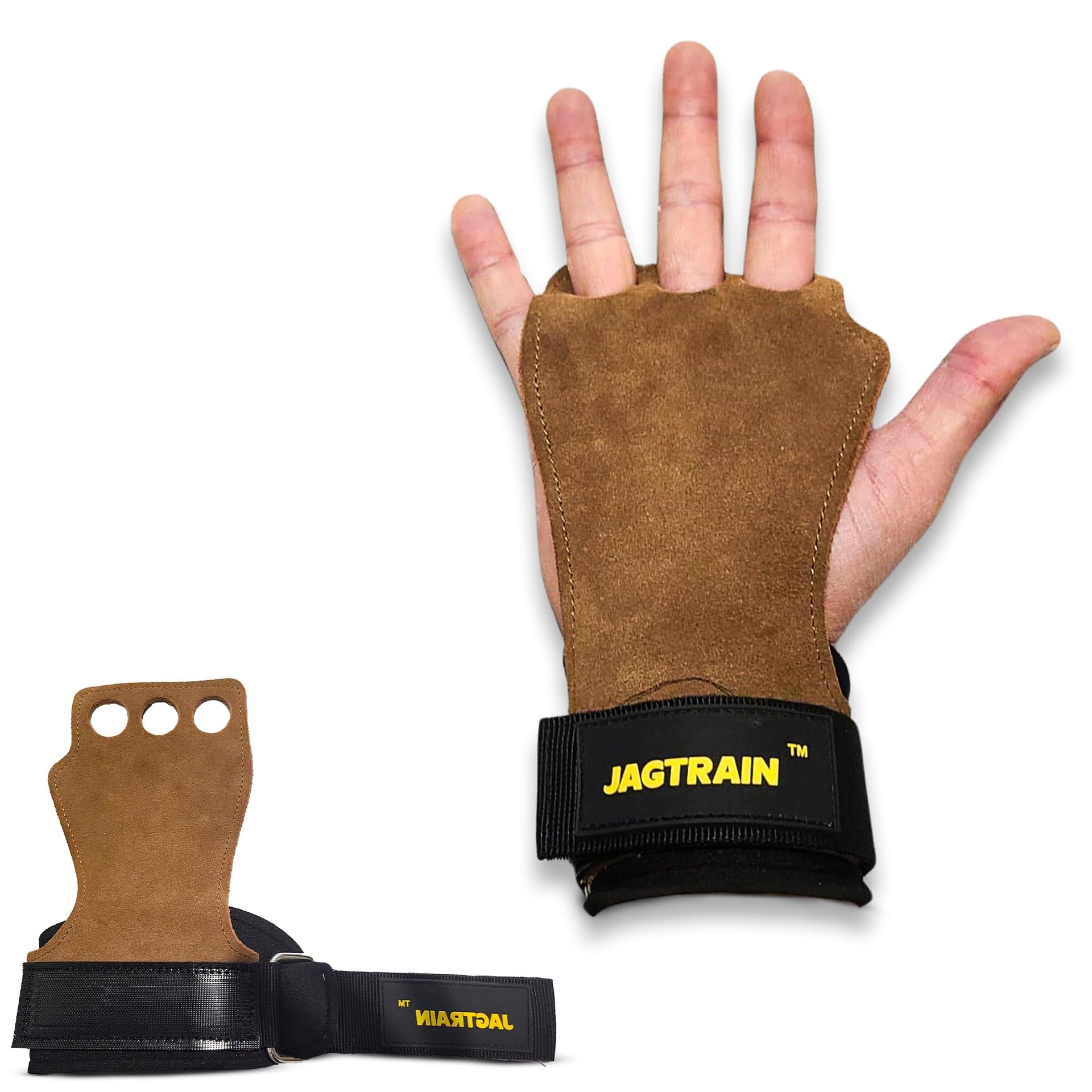 Guantes de entrenamiento JAGTRAIN para hombres y mujeres en el gimnasio, de cuero real con protector de palma de gimnasia de 3 agujeros y agarres para levantamiento de pesas con correas de soporte ajustables para la muñeca (Marrón, Mediano)