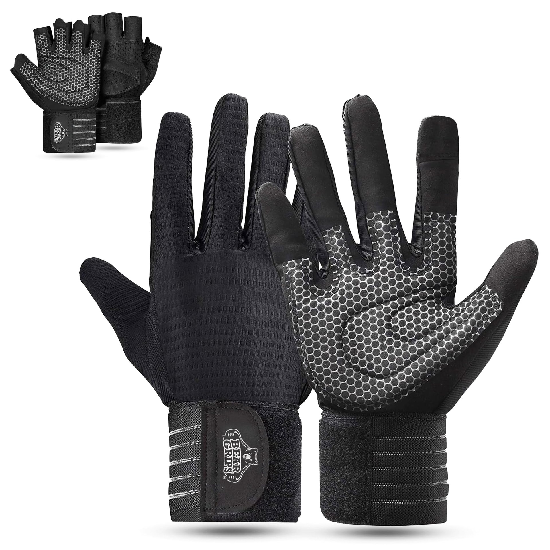 Guantes de Levantamiento de Pesas Bear Grips para Hombres y Mujeres | Guantes de Levantamiento de Pesas de Dedo Completo y Entrenamiento (Negro-Dedo Completo, Pequeño)