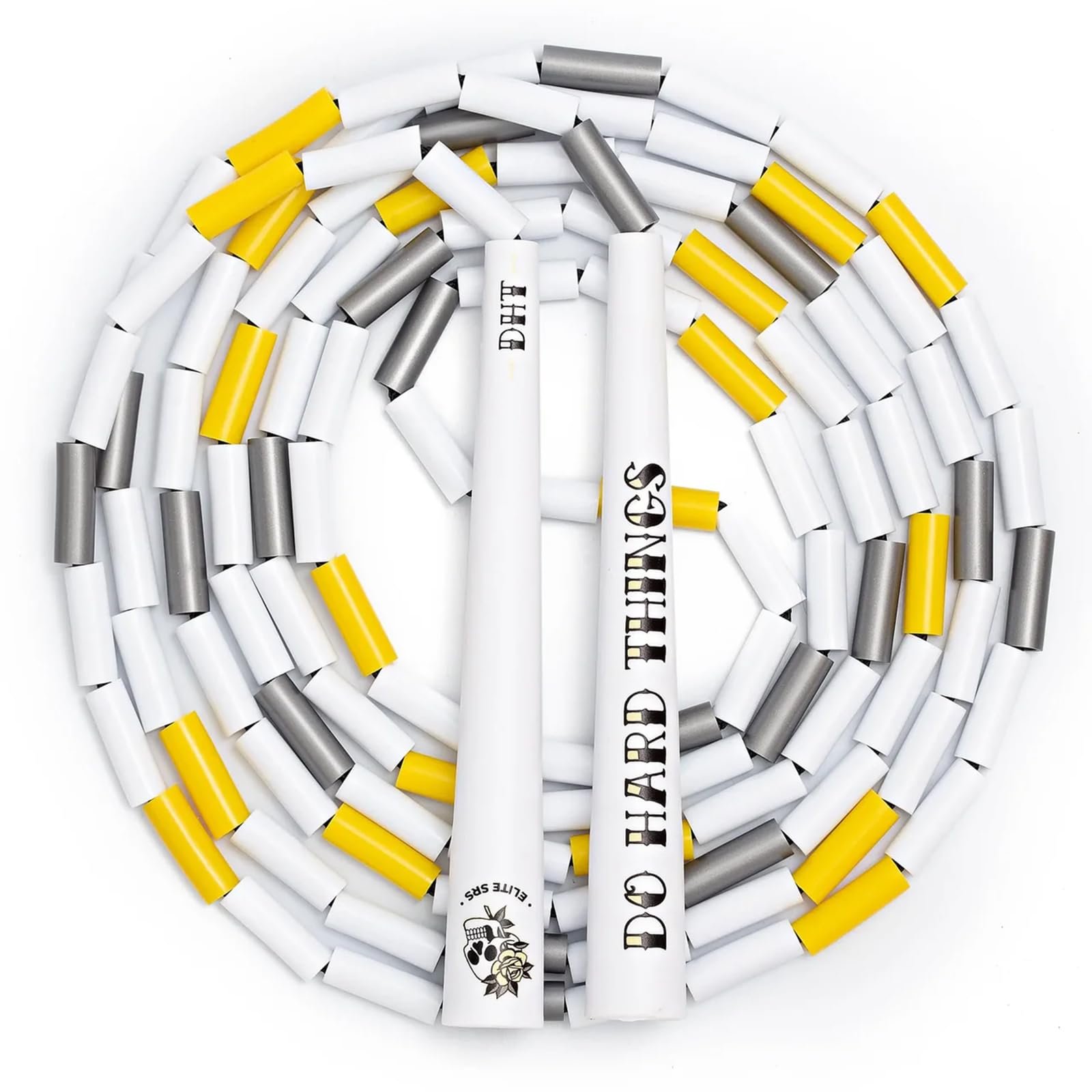 Elite Jumps - Cuerda de Saltar de Cuentas Do Hard Things Edge - Para Todas las Edades - Duradera y Ligera - Cuerda Ajustable de 10 pies de Largo - Libre de enredos - Cuentas irrompibles de 1 pulgada - Mangos largos en los bordes - Amarillo