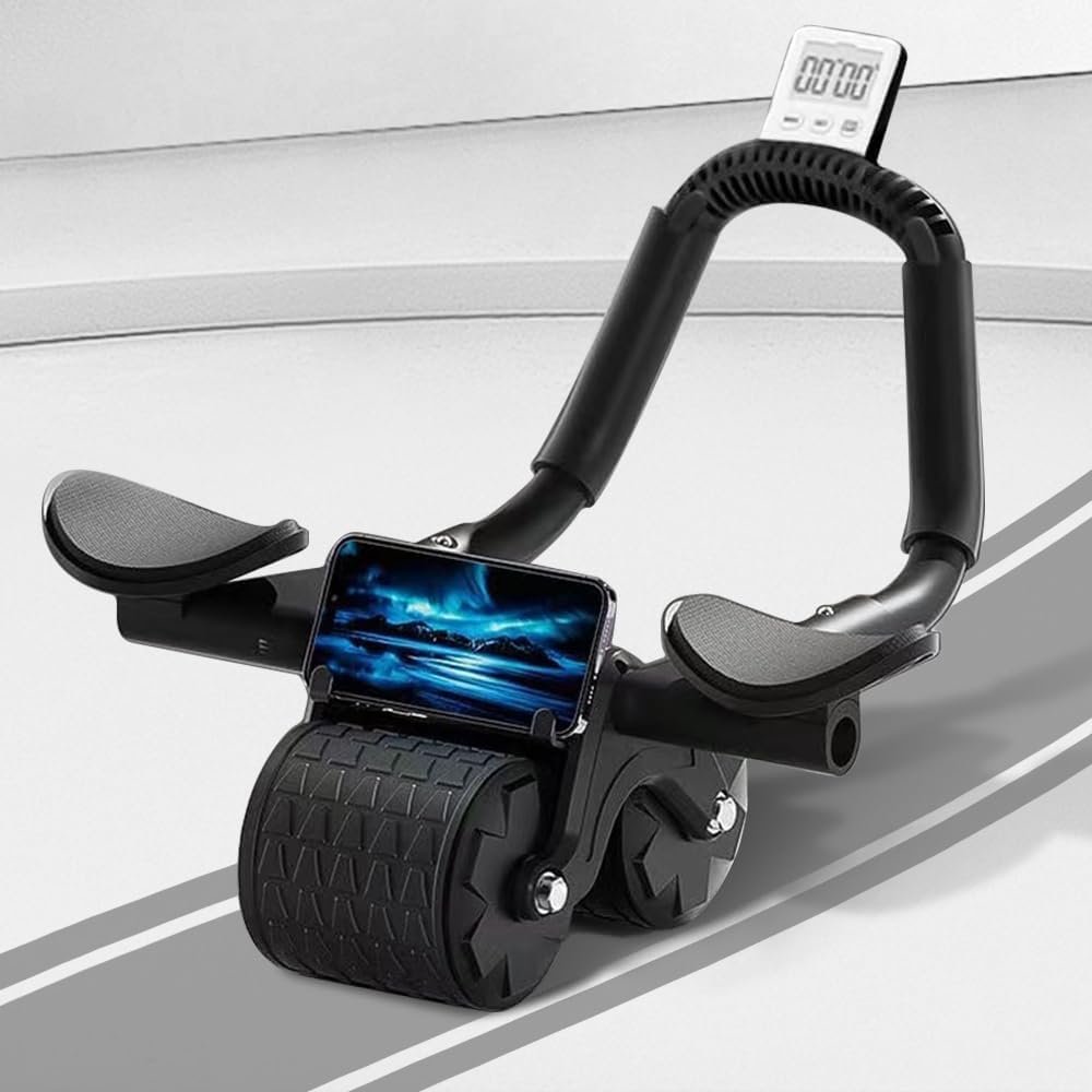 2024 Nuevo Rueda de Rodillos Abdominales con Temporizador y Alfombrilla para Rodillas, Rueda Abdominal de Rebote Automático con Soporte para Codos Equipo de Ejercicio para Fortalecer los Músculos del Núcleo Rodillos de Ejercicio Ab para Mujeres Hombres (Negro)