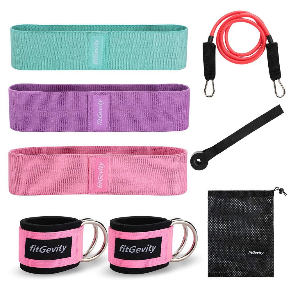 Bandas de Resistencia fitGevity para Piernas y Glúteos, Bandas de Entrenamiento de Cadera Antideslizantes de Tela, Set de 8 Bandas con Anclaje para Puerta y Correas para Tobillos para Hombres Mujeres Gimnasio Fitness en Casa Yoga