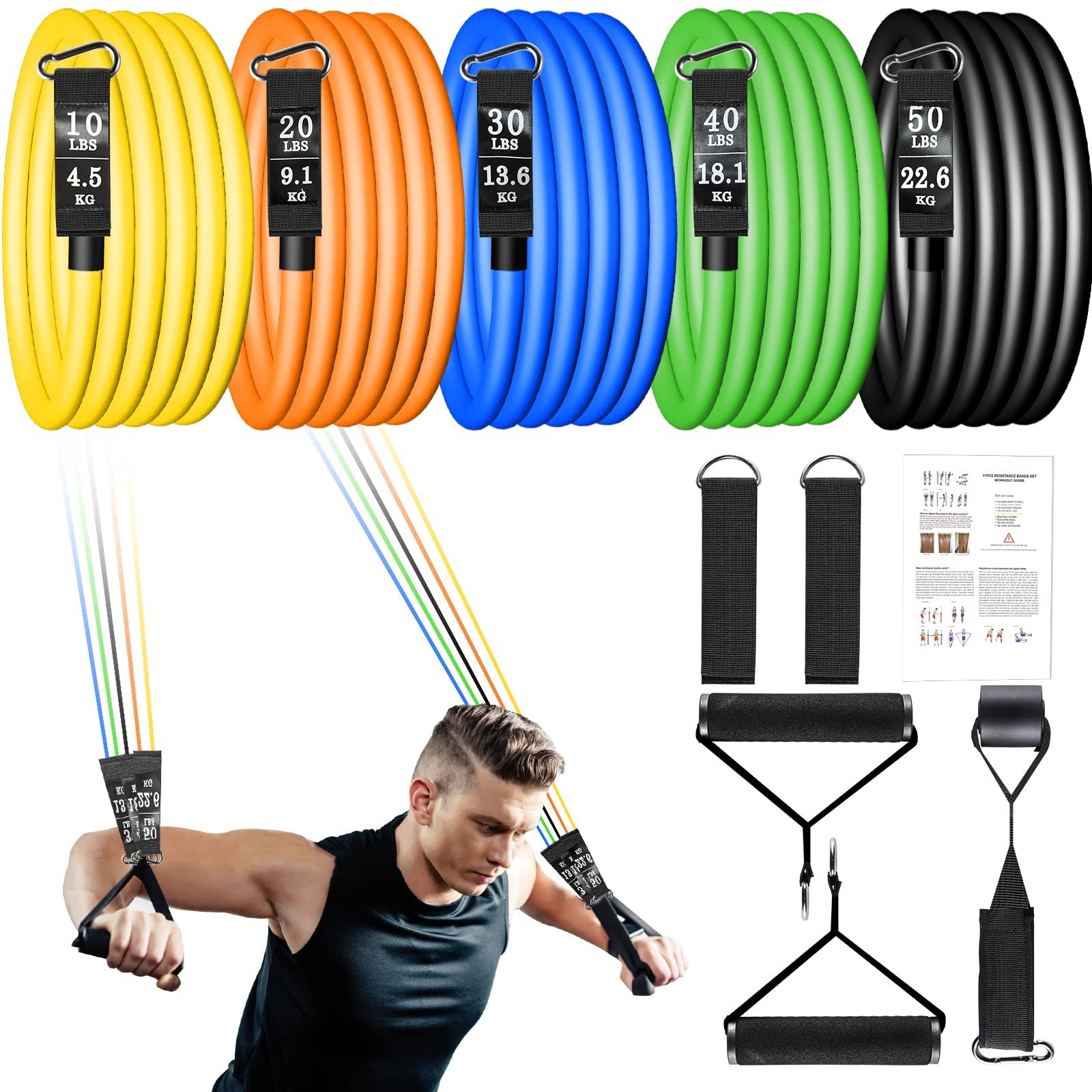 Set de Bandas de Resistencia con Mangos Grandes, Bandas de Goma de Ejercicio Natural Apilables hasta 150 lbs, Viene en un Set de 5, Bandas de Entrenamiento Fitness con Correas para Tobillo, Anclaje de Puerta, Bolsa de Transporte