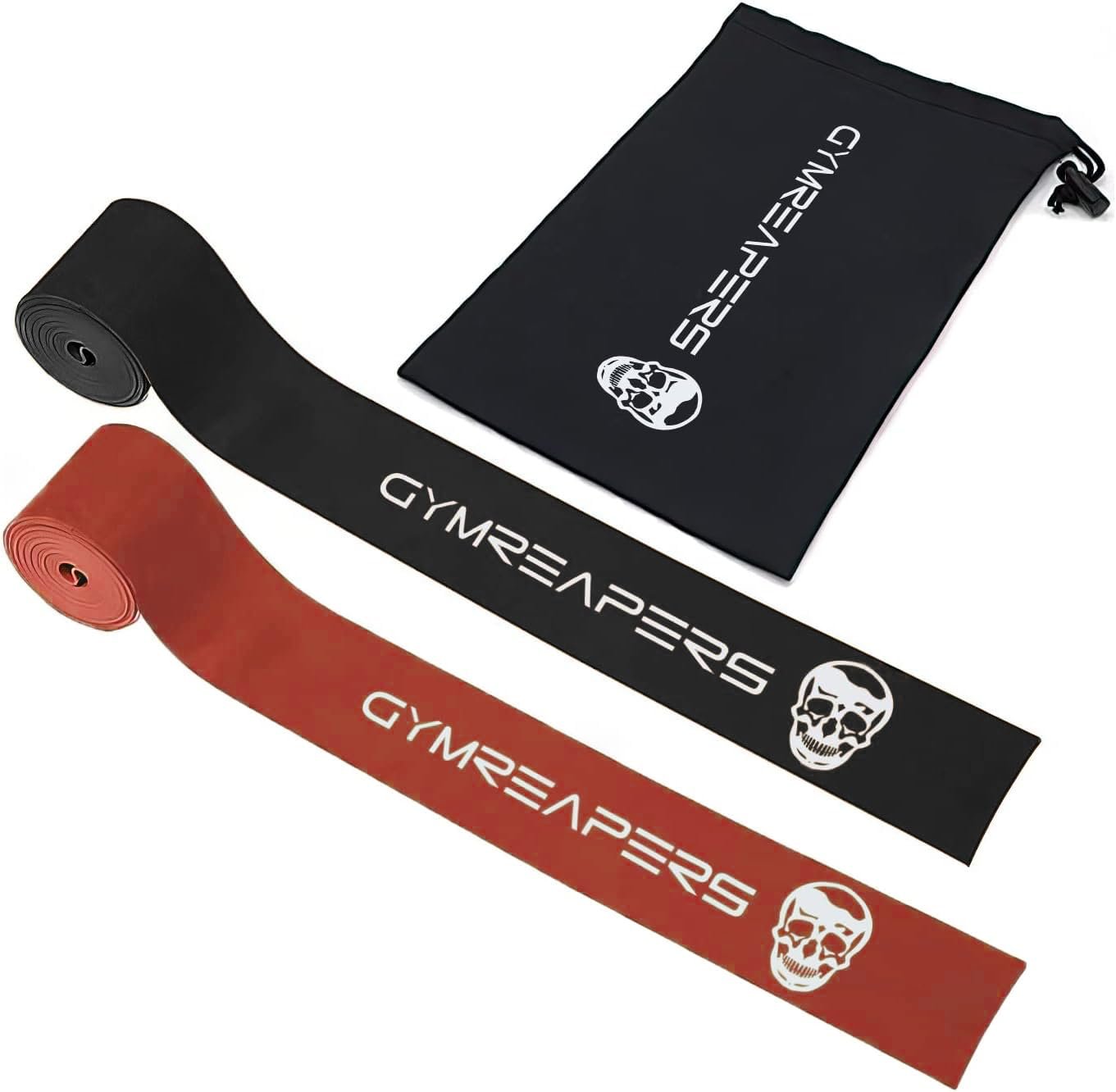Bandas de Compresión Gymreapers para Recuperación y Flexibilidad Muscular - Par de Bandas de Estiramiento con Estuche de Transporte (Negro/Rojo, 1 Mediana - 1 Fuerte)