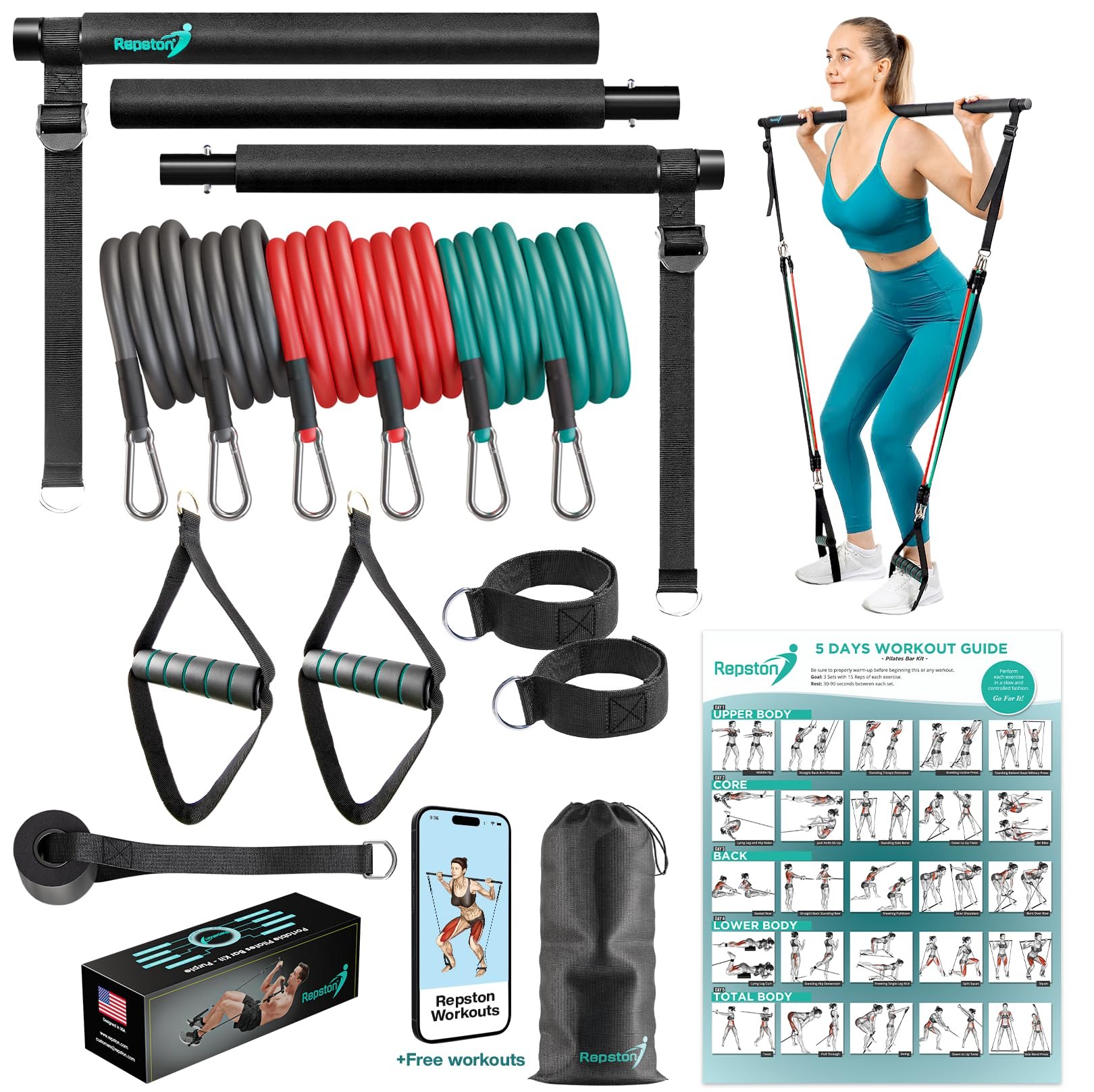 Kit de Barra de Pilates Repston con Bandas de Resistencia - Equipo de Gimnasio en Casa - Equipo de Entrenamiento para Mujeres y Hombres - Equipo de Pilates con Bandas de Resistencia Ajustables (Recta, Negro)