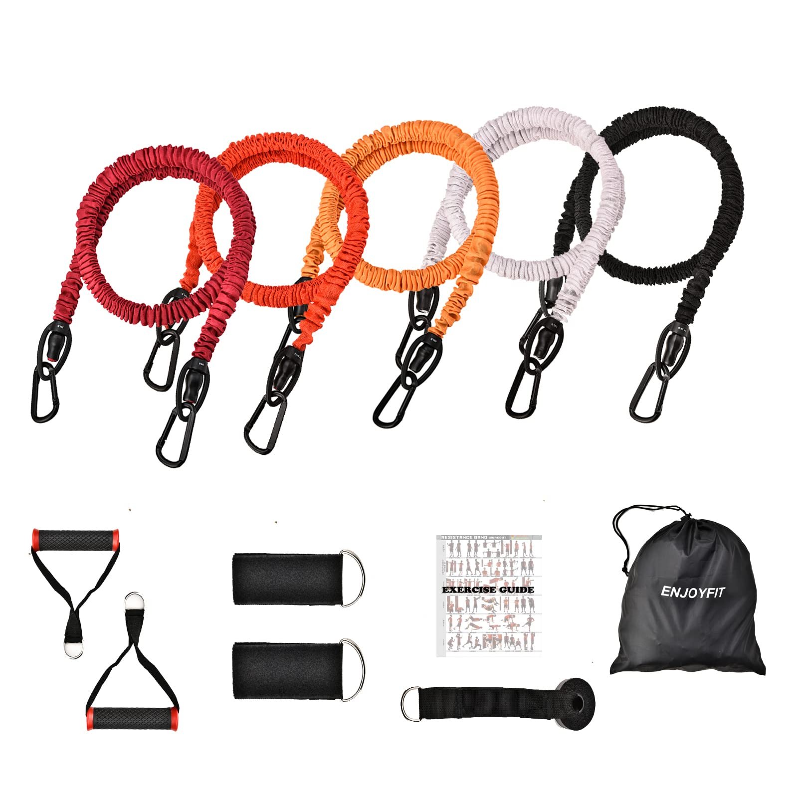 ENJOYFIT 11 PCS Set de Bandas de Resistencia, Tubos de Ejercicio de 63 pulgadas, Bandas de Entrenamiento con Manijas, Anclaje de Puerta, Correa para Tobillo, Bandas Elásticas de Ejercicio para Hombres y Mujeres con Fundas de Nylon Protectoras - hasta 200 lbs