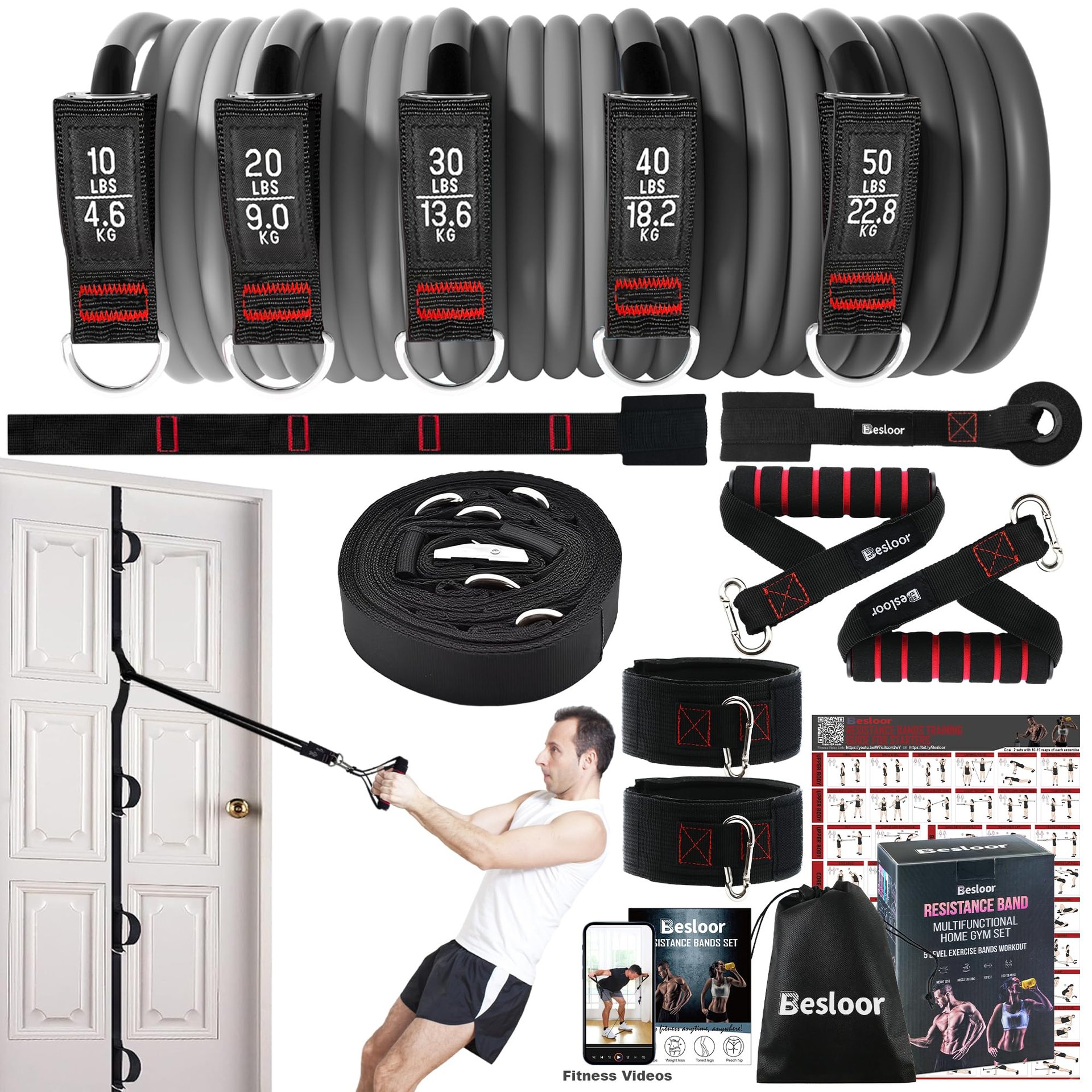 Set de Bandas de Resistencia Besloor con Asas. Equipo de Fitness para Entrenamiento Corporal Total - Incluye Bandas de Anclaje para Puerta, Anclajes de Puerta y Correas para Tobillos - con Póster de Ejercicios y Video de Fitness (Negro)