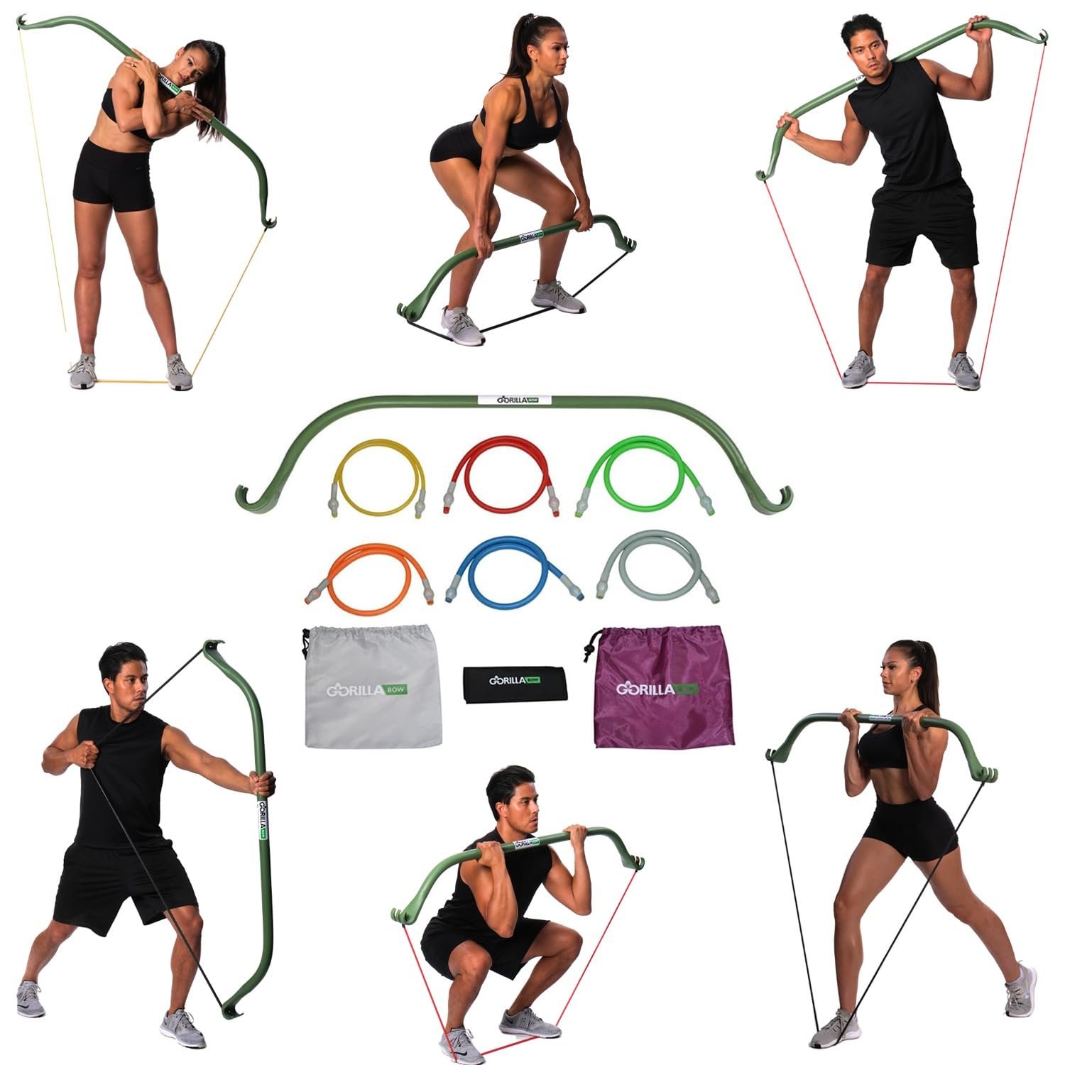 Arco de Ejercicio Lite Gorilla Bow con Bandas de Resistencia, Equipo de Entrenamiento para Piernas, Brazos, Cintura, Hombros y Espalda, Equipo de Ejercicio en Casa Portátil para Hombres y Mujeres (Arco Lite, Verde, Paquete Pesado)
