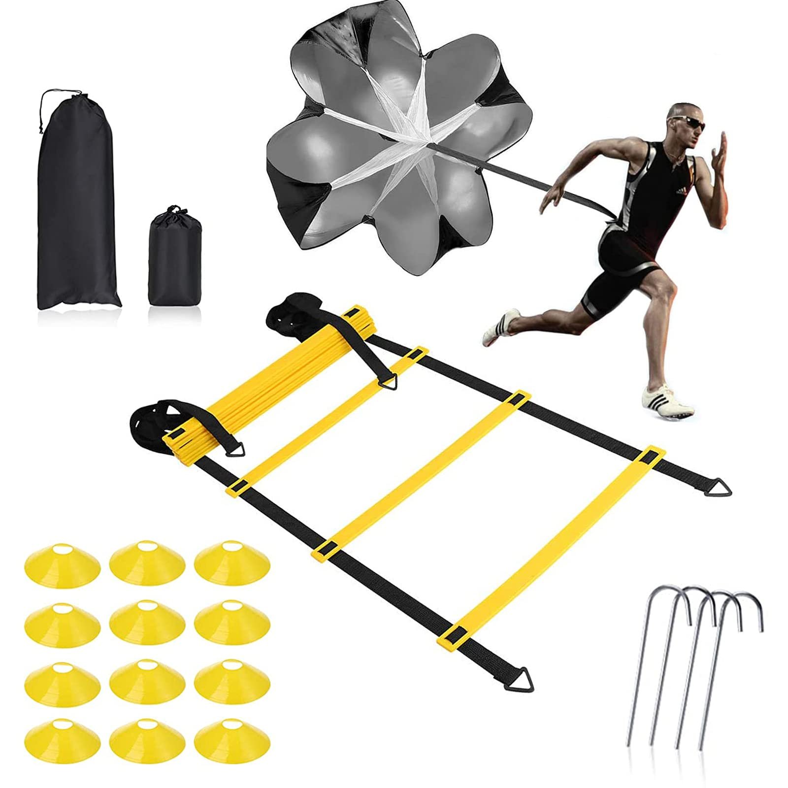 Set de Entrenamiento de Agilidad con Escalera de Velocidad - Escalera con 12 Peldaños de 20 pies, 12 Conos de Campo, 4 Estacas de Acero, Paracaídas de Resistencia con Bolsa de Transporte para Entrenamiento Deportivo de Fútbol, Baloncesto, Boxeo, y más