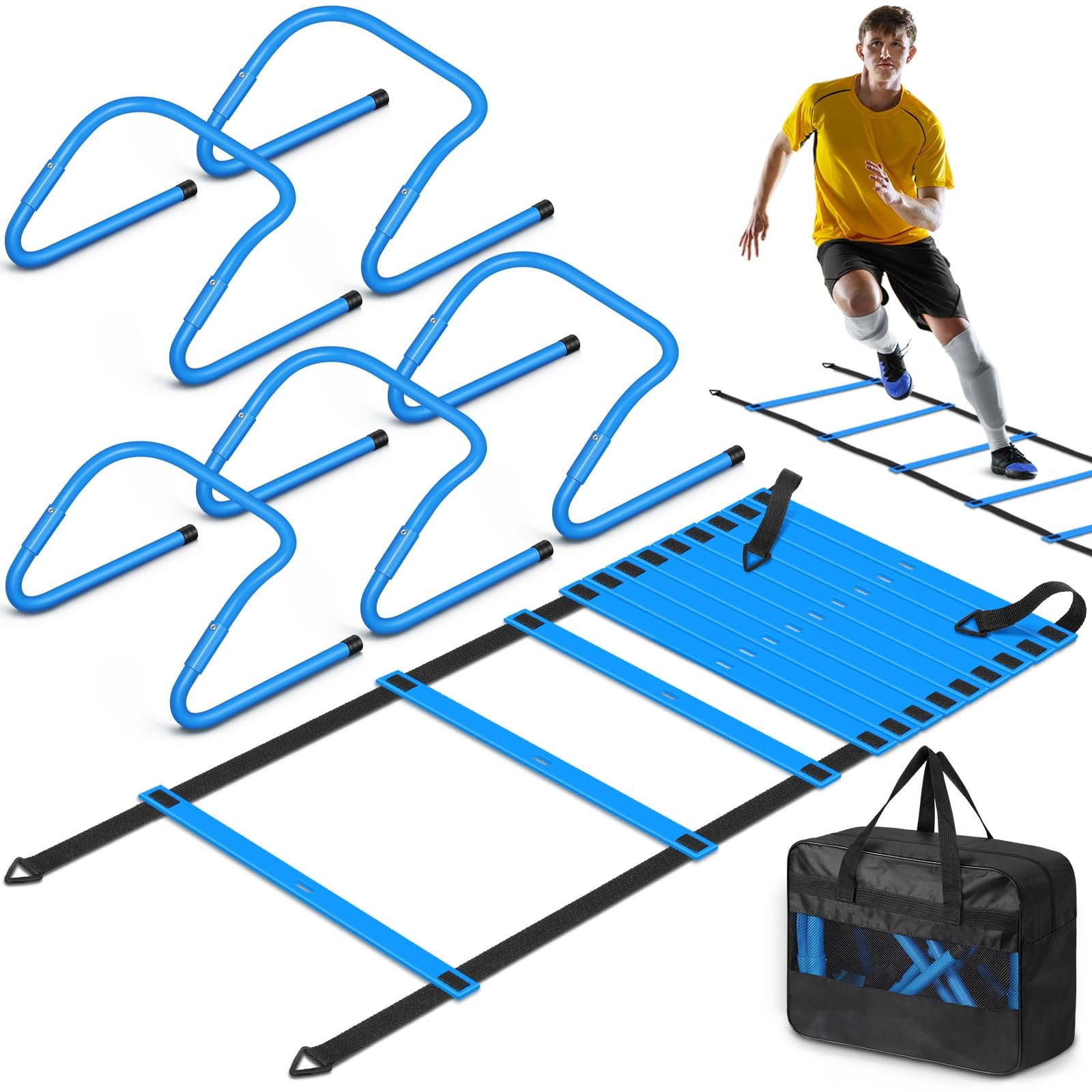 Equipo de Entrenamiento de Velocidad y Agilidad: 5 Vallas de Agilidad Ajustables. Escalera de Agilidad de 20 pies, Set de Equipo de Entrenamiento de Fútbol para Jóvenes y Adultos (Azul)