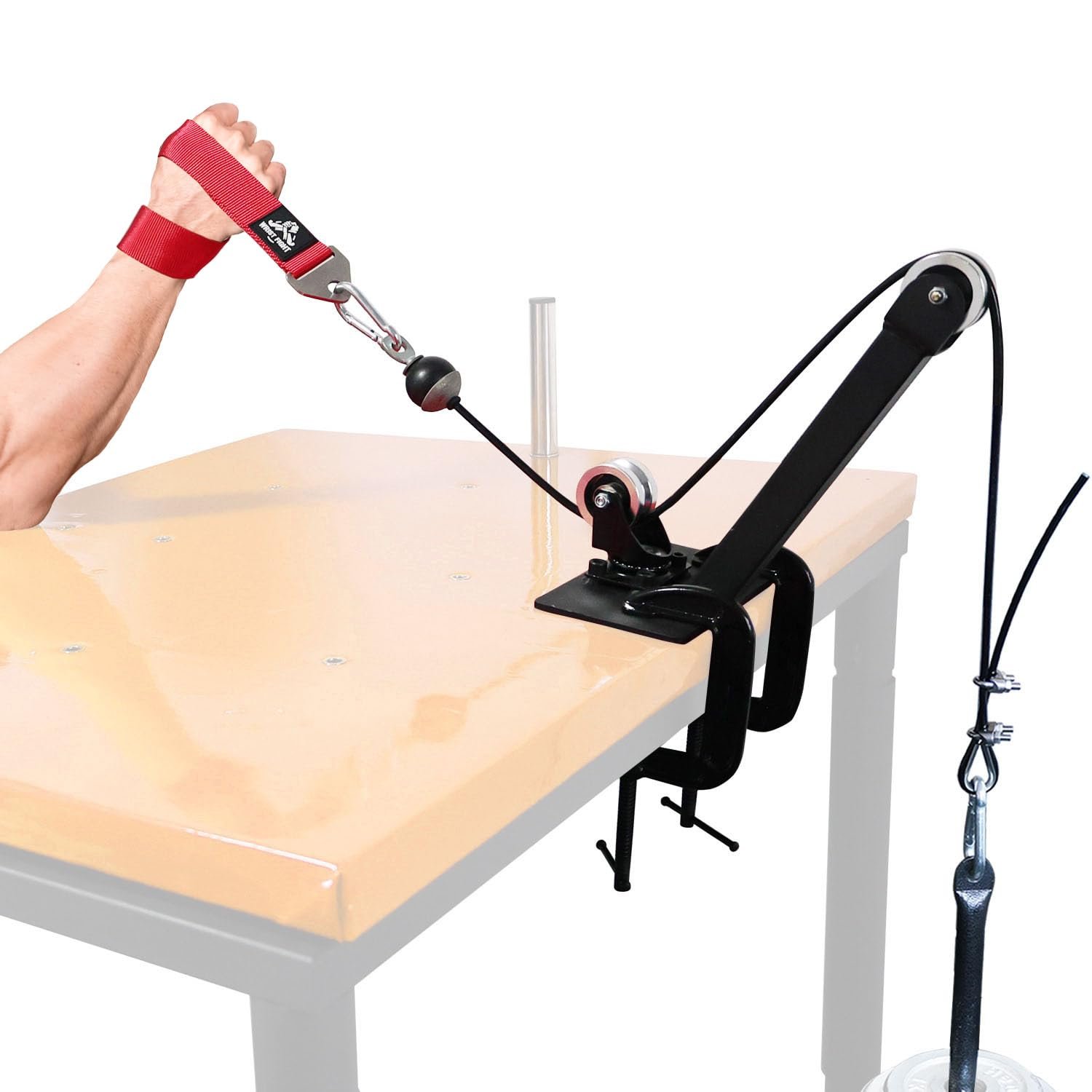 Sistema de polea para entrenamiento de brazo WRIST FIGHT - Entrenador de fuerza montado en mesa con correa de entrenamiento para arm wrestling y pasador de carga de peso con abrazaderas resistentes de 1.5m de cable ajustable para entrenamientos de brazo y muñeca