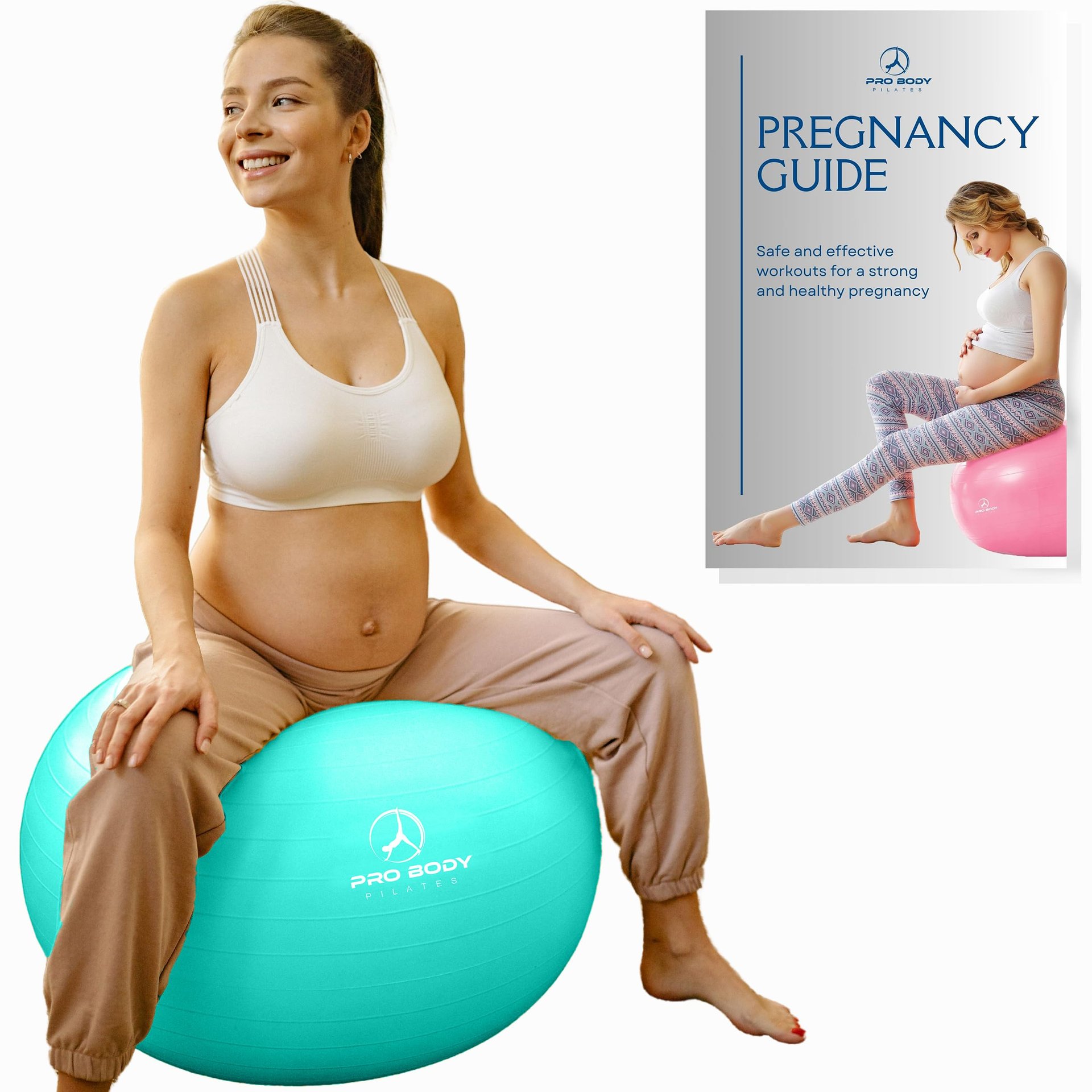 Pelota de Pilates ProBody para Embarazo - Pelota de Yoga para Embarazo con Libro, Ejercicio Prenatal, de Parto y Maternidad Postnatal (Aqua, 55 cm)