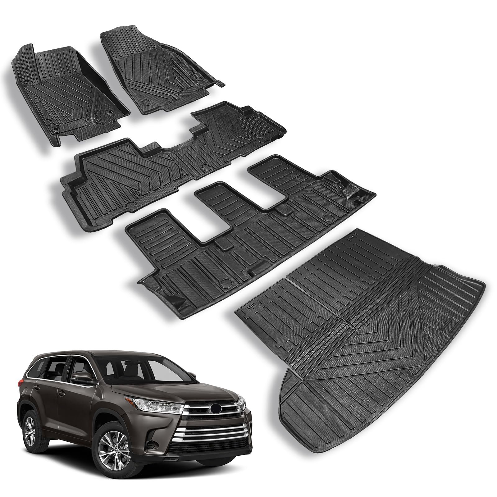 Tapetes de Suelo para Auto Shvgen Fit 2014-2019 Toyota Highlander 3 Filas y Protector de Cajuela detrás de 2da Fila de Asientos Todos los Tiempos de Goma TPE con Respaldo Compatible con Highlander de 7 Asientos Accesorios