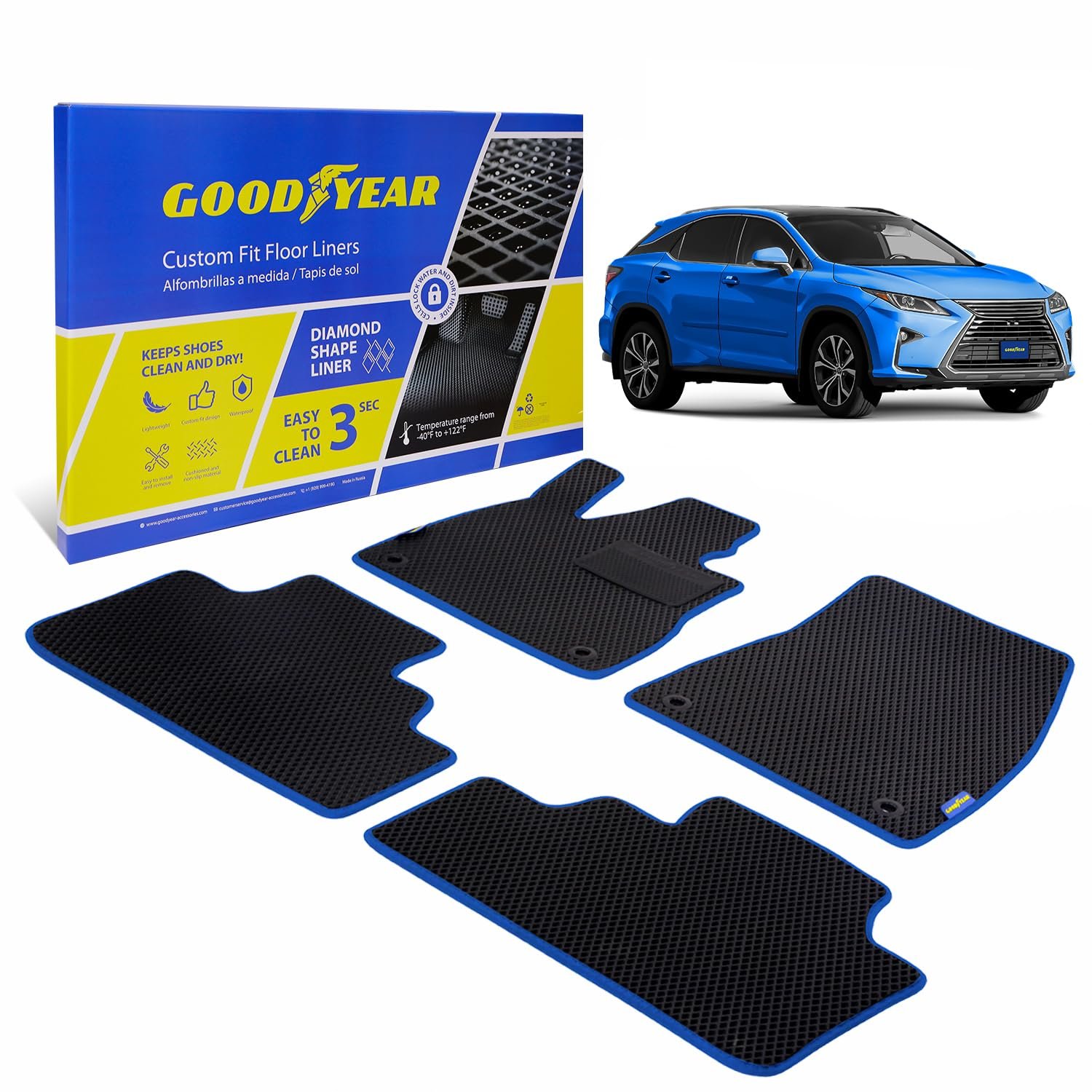 Tapetes para Autos Todo Clima Goodyear - Ajuste Personalizado para Lexus RX 2016-2022, Juego de 4 Piezas, Forros de Piso de Diamante Resistente para Autos, SUVs, Camionetas - Accesorios Interiores Definitivos para Hombres y Mujeres - GY007062