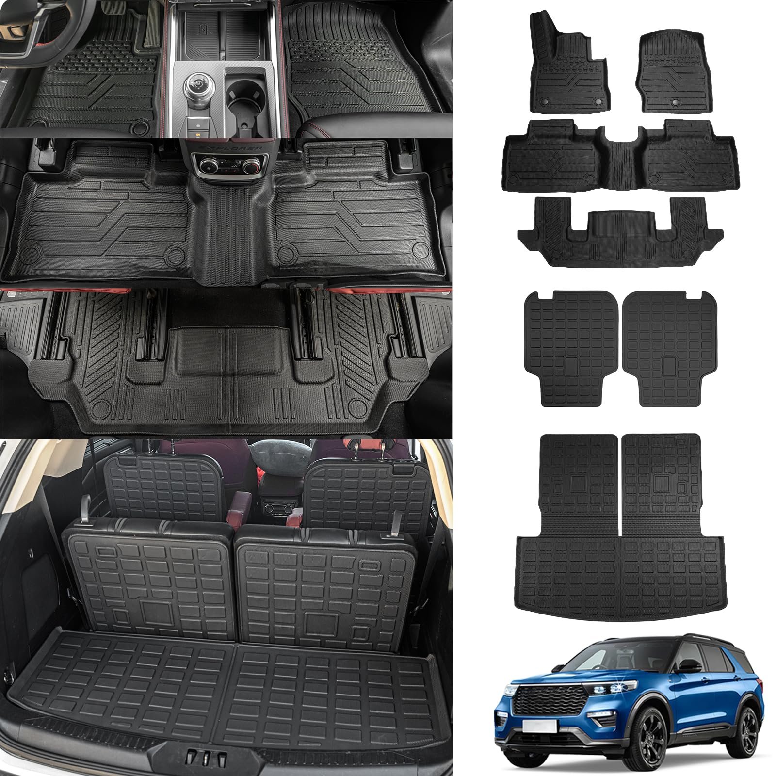 Thinzyou Tapetes para Piso Compatibles con Ford Explorer 6 Asientos 2020-2025 Alfombrilla de Carga Protector de Maletero Forro de Maletero Cubierta de Asiento Trasero Protector de Patada Accesorios para Explorer 2024 (Para 6 Asientos, Juego de 7)