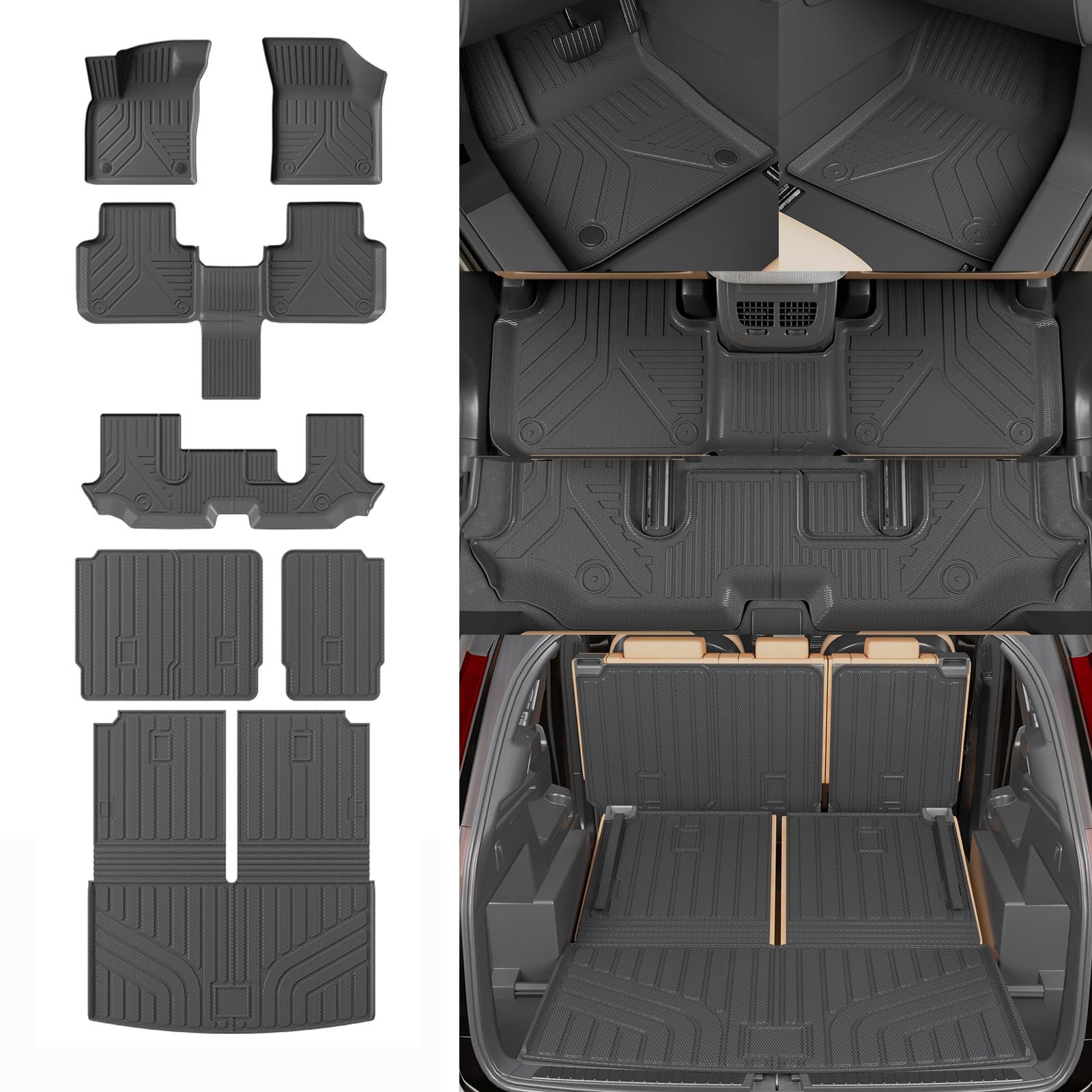 Juegos de Tapetes para Piso Compatibles con Volkswagen Atlas 2018-2025 (NO para Cross Sport) Tapete de Maletero Protector de Carga Kick Mat Accesorios para VW Atlas 2024 (Tapete de Maletero+Tapetes para Asiento de 2nda y 3ra Fila+Tapetes para Piso)