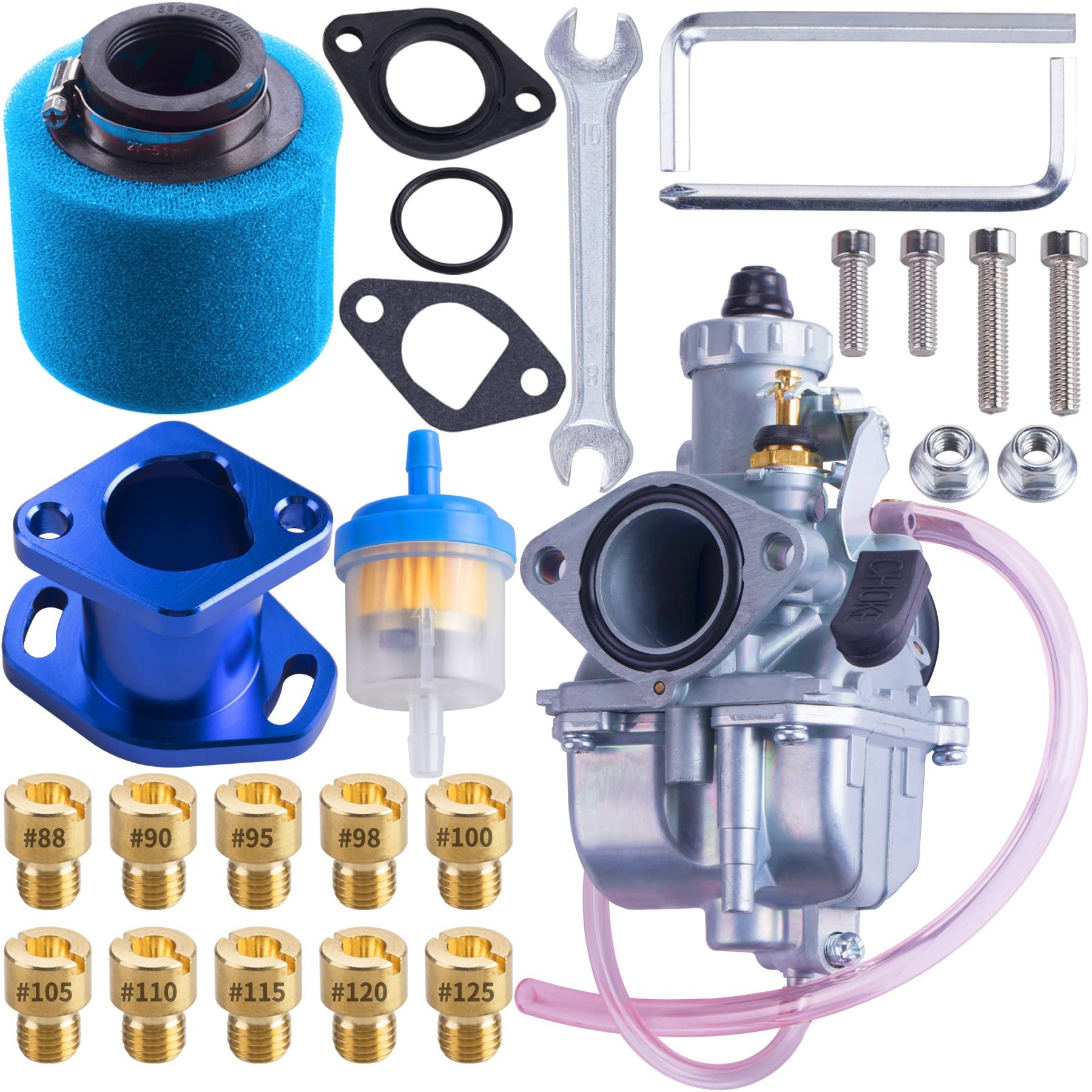 Carburador de Alto Rendimiento para Carreras ORAEVY VM22 con Adaptador de Admisión de Múltiple de Escape y Filtro de Aire en Azul para Predator 212cc GX160 Honda GX200 CT200U 196cc KT196 Clones Go Kart Mini Bike Race Kart