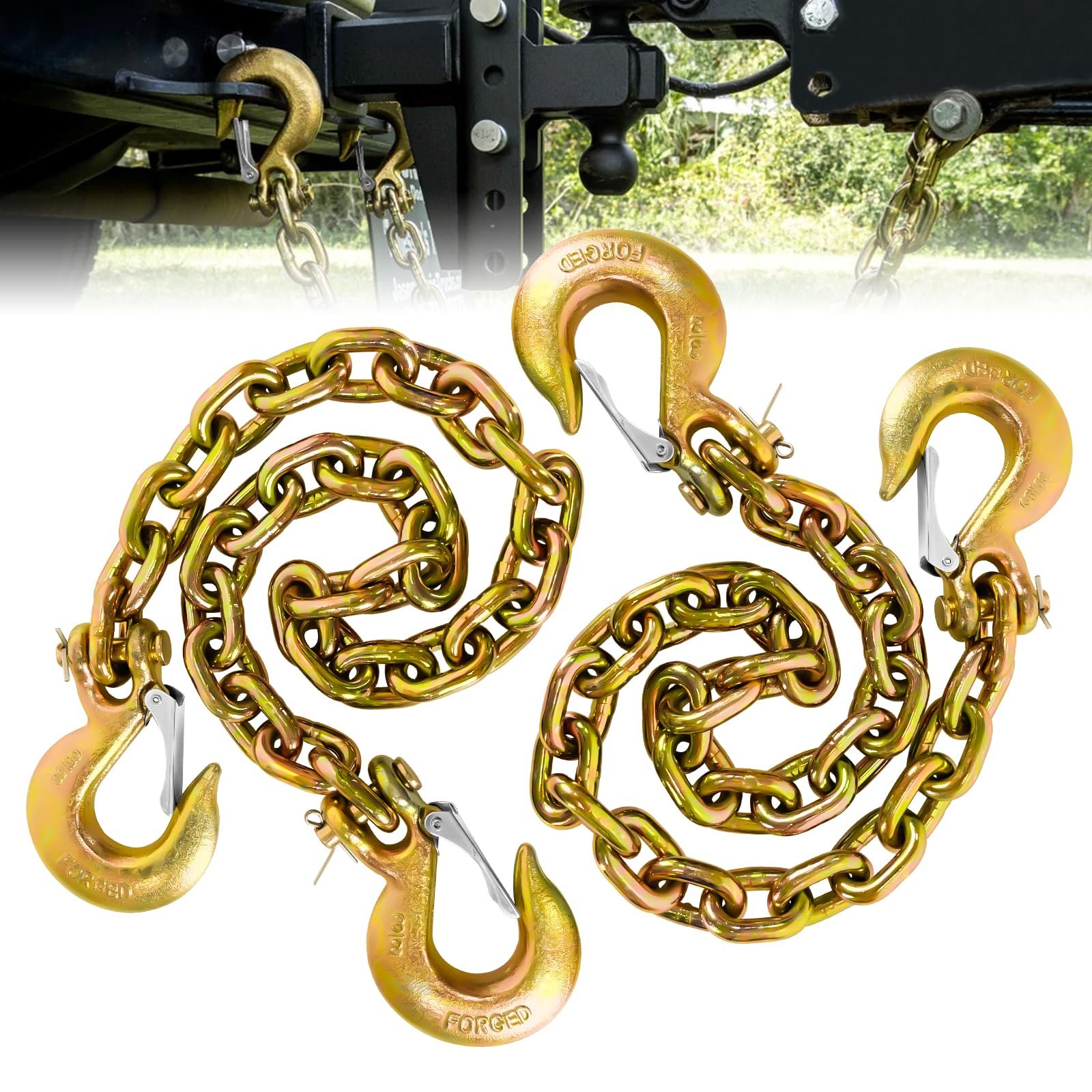 KITUYOTO Trailer Safety Chains with Hooks 35In G80 Tow Chain 3/8'' Safety Hook with Safety Latch 27,000 LBS Break Strength 2 Pack (3/8In X 36In)
