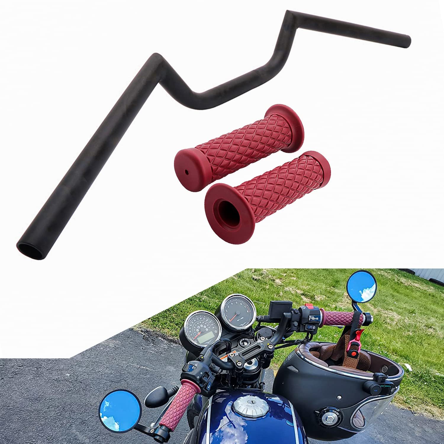 Manillar de Motocicleta 7/8'' 22MM con Puños de Goma Estilo Cafe Racer Ace Clubman Universal para Aplicaciones Bobber Custom Rojo