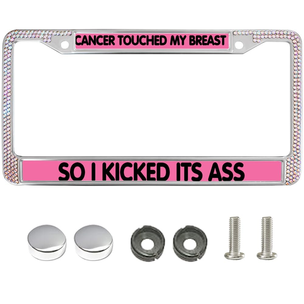 Marco de Placa de Licencia Bling para Conciencia del Cáncer de Mama Cinta Rosa Orgullo Diamante Guerrero del Cáncer de Mama Marco de Placa de Licencia con Estrás para Mujeres con Juego de Montaje Cromado