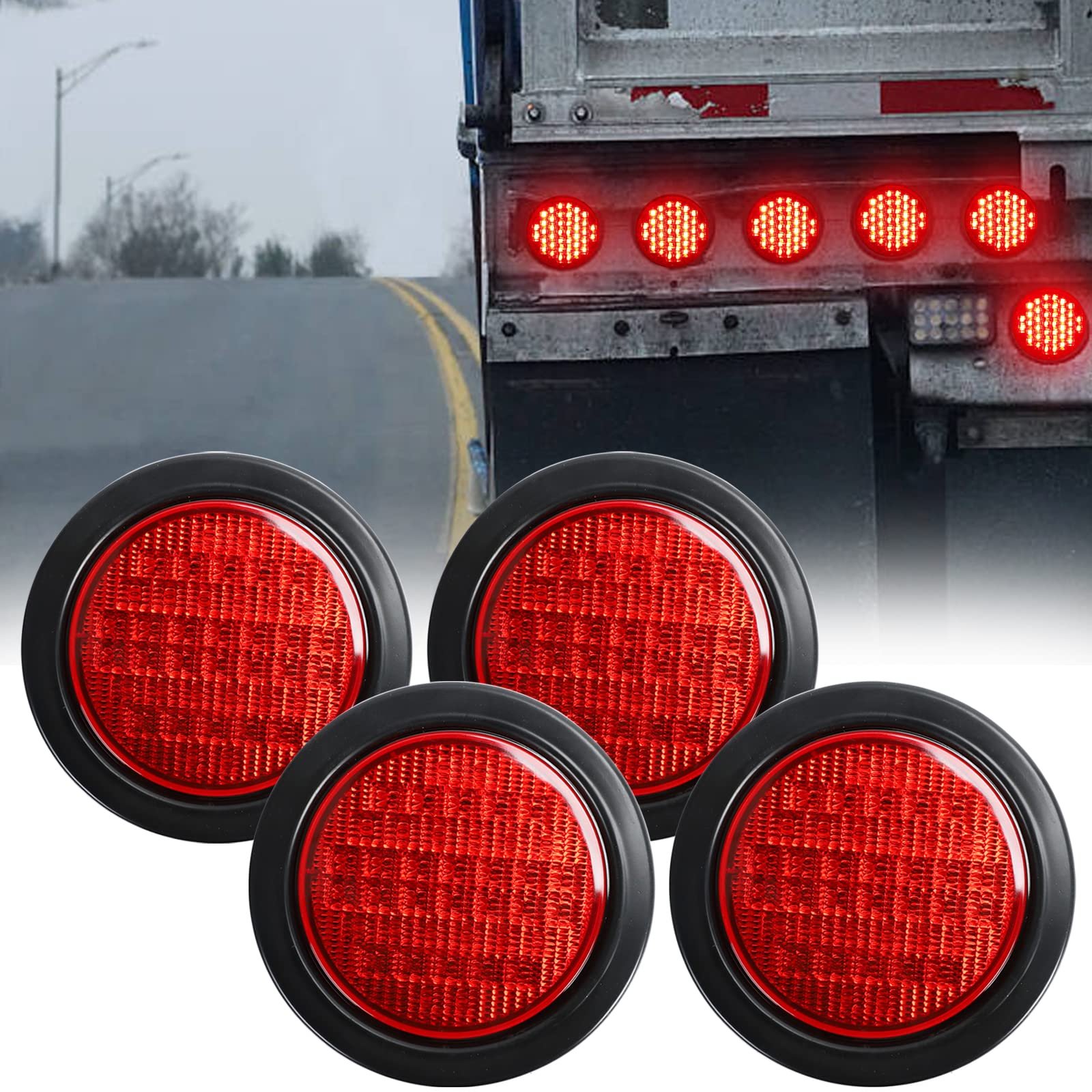 FSBCGT 4Pcs 4" Luces Traseras Redondas Rojas LED de 40 para Remolque, Tapón de Goma, Luz de Freno de Señal de Giro de Parada Impermeable para Camiones, Remolques, Autobuses RV