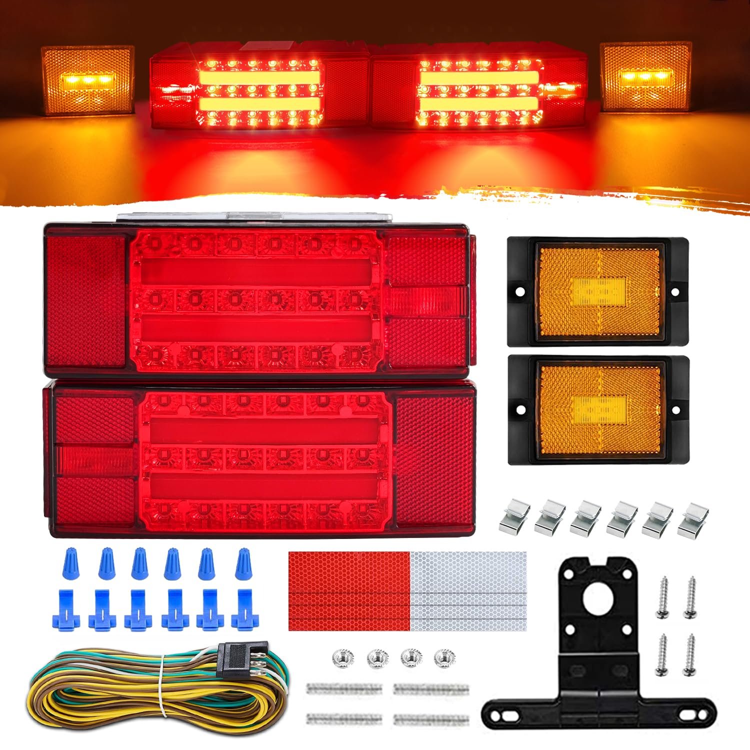 Kit de Luces Sumergibles para Remolque de Barco LiLoom con Tira de Luz Halo - Luces de Freno de Giro Cola LED Súper Brillantes de 12V para RV, Camión, Marina, Motonieve Menores de 80" - Impermeables IP68