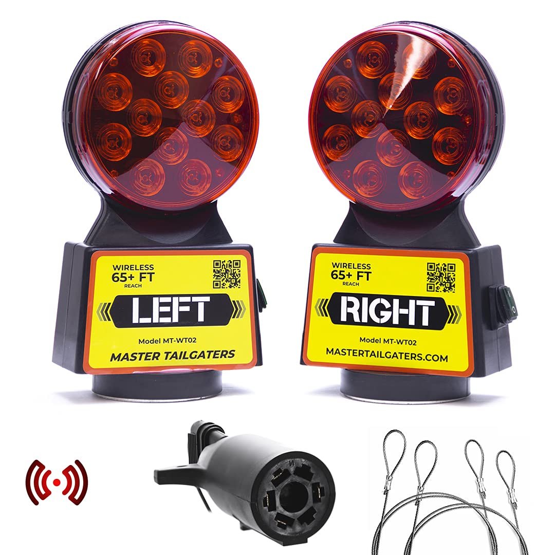 Luces Inalámbricas para Remolque Master Tailgaters | Luces de Señal Multi Funcionales | Montura Magnética Resistente | Alcance de 65 Pies | Conexión Plana de 7 Pines | Correas de Seguridad Incluidas