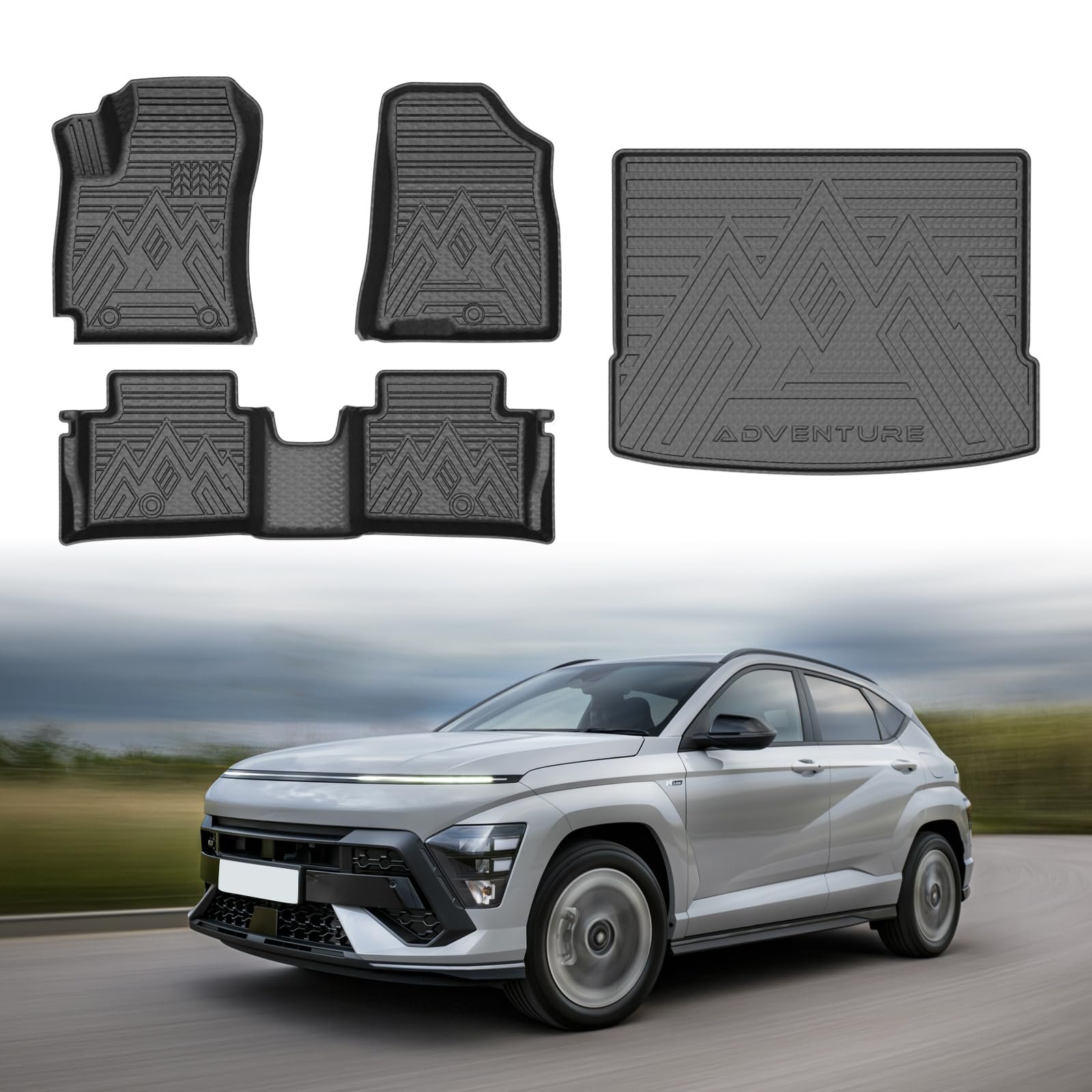 Tapete de Carga Personalizado Mixsuper y Tapetes de Piso para Hyundai Kona 2024-2025 (No válido para el modelo eléctrico), Set de Tapete de Maletero y Tapetes de 2 Filas Negro