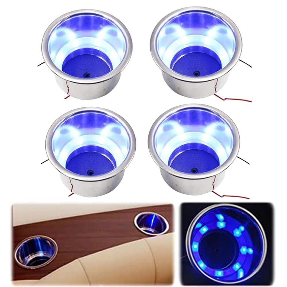 Portavasos de acero inoxidable con 4 piezas de LED con 8 luces azules y drenaje para barcos marinos y autocaravanas