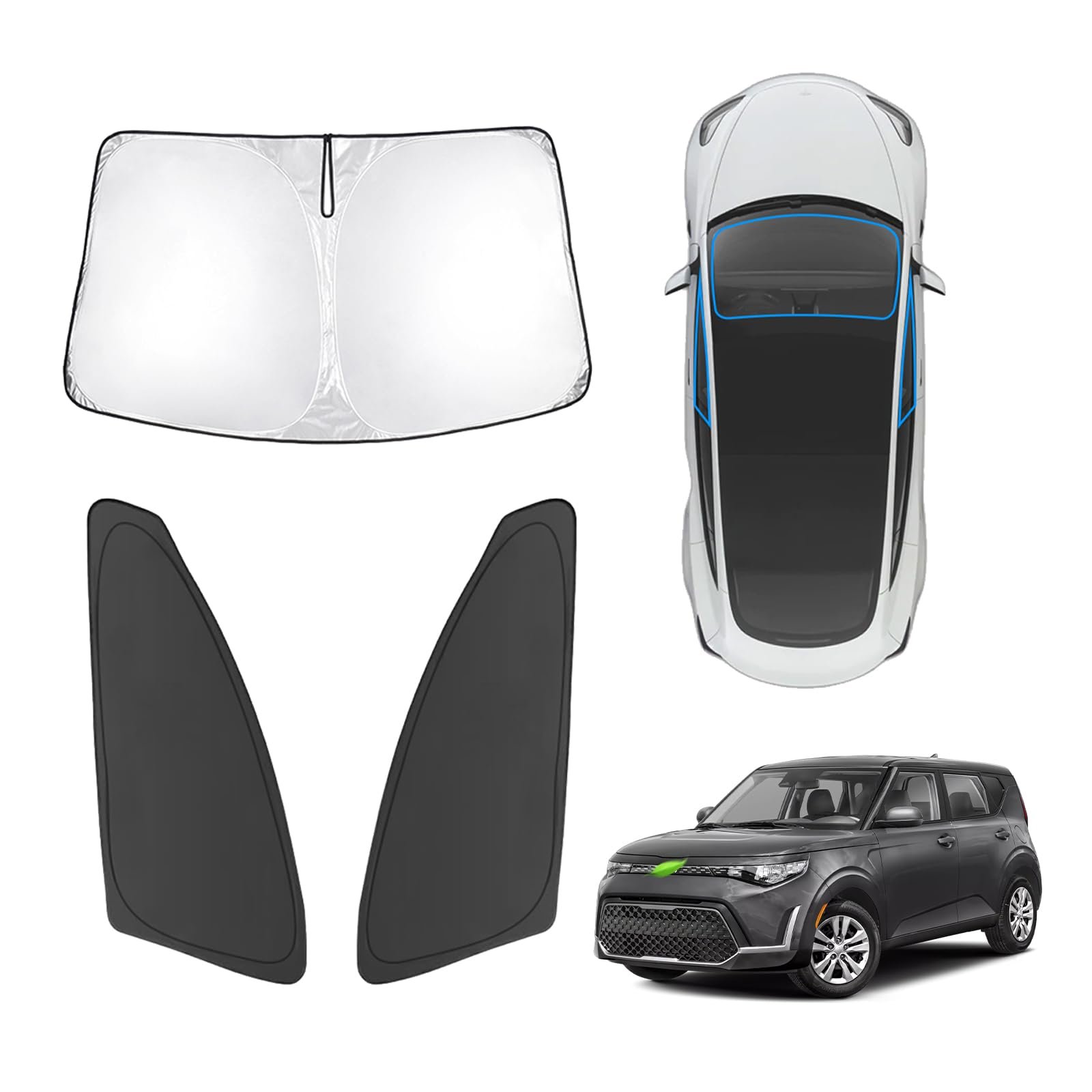 Karltys 3PCS Protector de parabrisas para Kia Soul 2020-2025, Parasol Delantero y Lateral Reflectante 210T a Medida para Kia Soul, Protector de Visera Solar Plegable que Bloquea el Calor y los Rayos UV