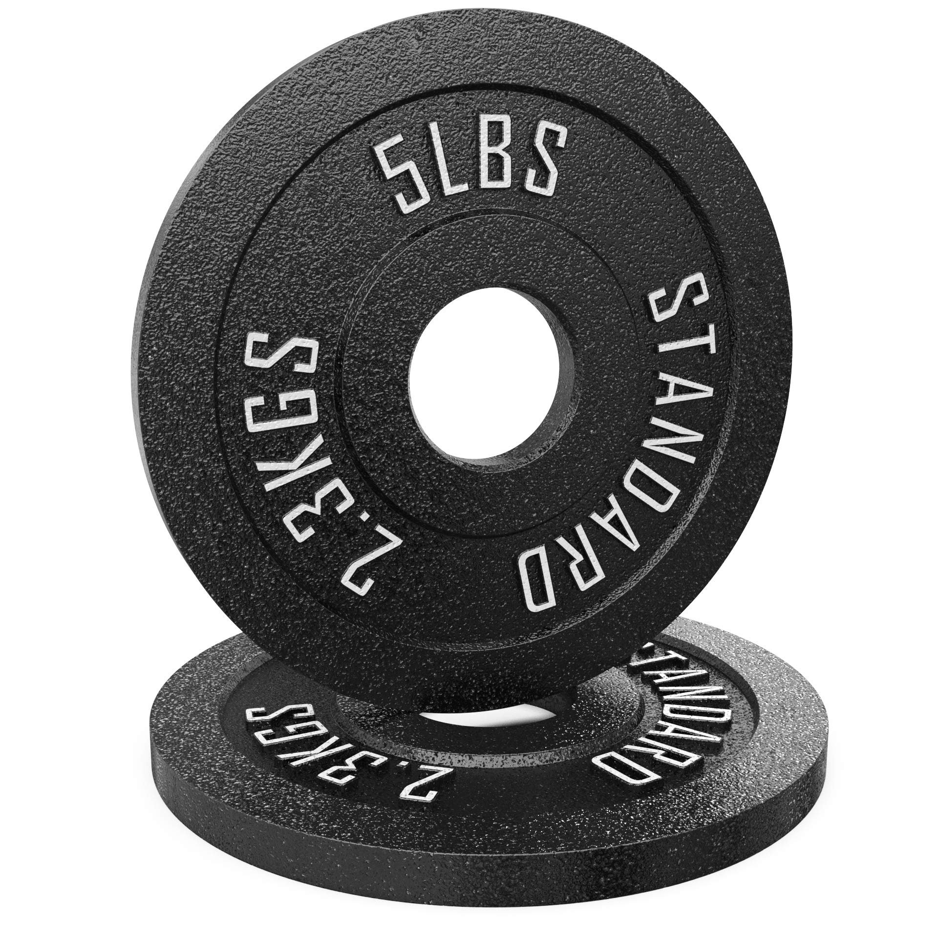 Placas de Pesas Metálicas Estándar Synergee de 5 lb Par. Apertura de 2" para Entrenamientos de Culturismo, Levantamiento Olímpico y de Potencia. Placas Ponderadas de Estilo Clásico de Metal.