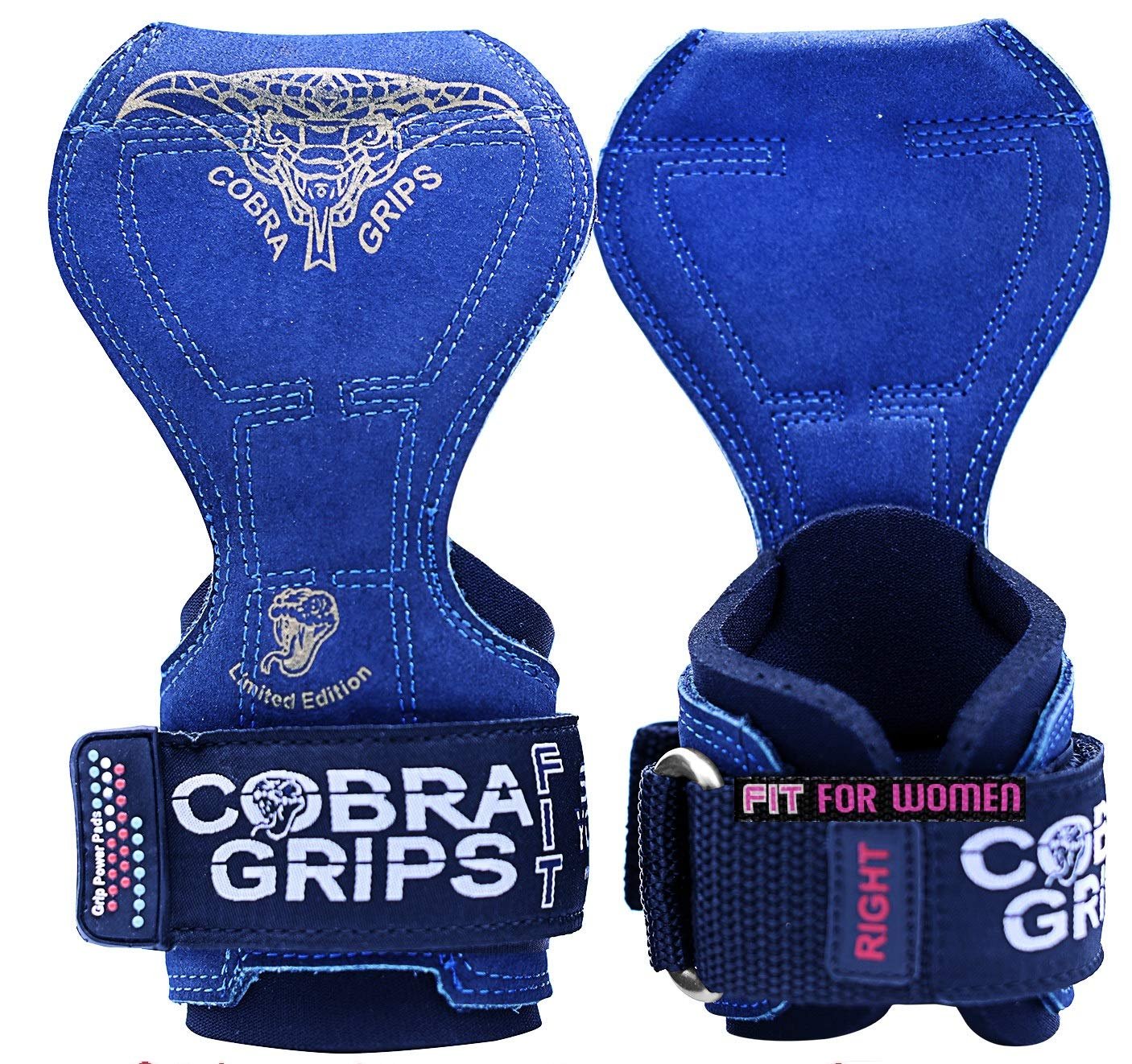 Cobra Grips PRO Guantes de Levantamiento de Pesas Alternativa a Ganchos de Levantamiento para Peso Muerto con Correa Ajustable de Neopreno Acolchada en la Muñeca Azul (Piel)